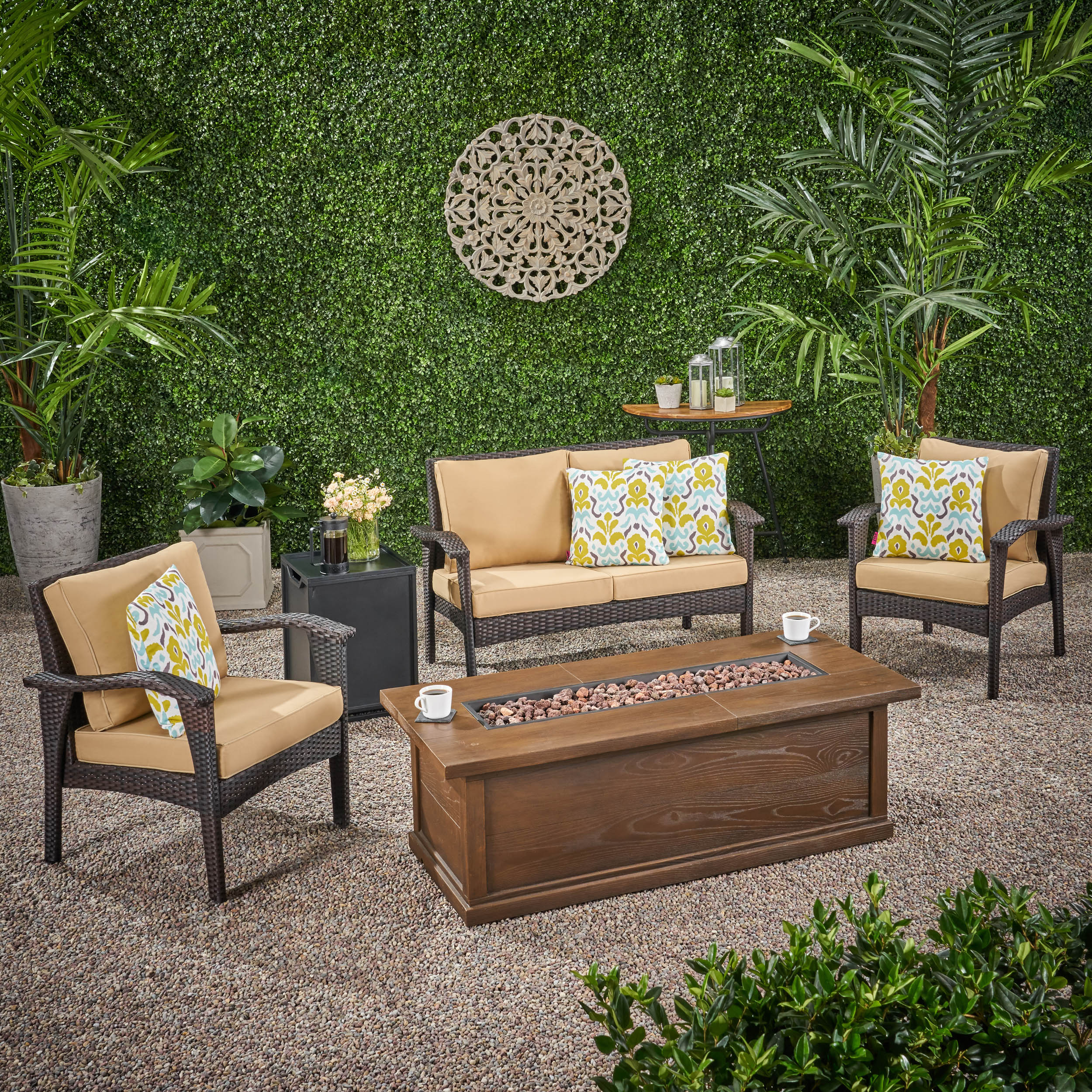 Voyage Outdoor 4 Seater Wicker Chat Set with Fire Pit - furnishings
