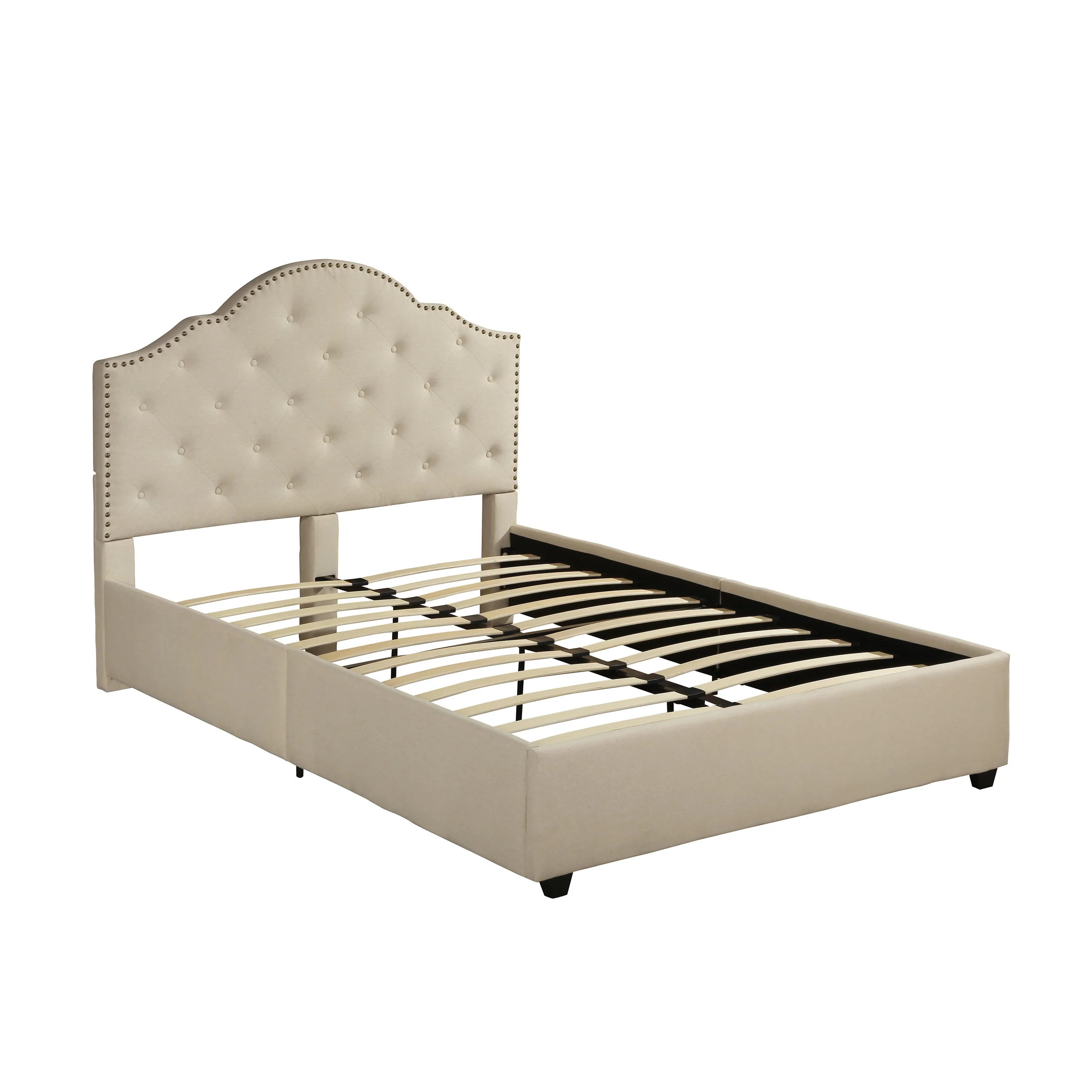 Gentry Contemporary Button-Tufted Camelback Queen Bed Frame with Nailhead Trim - furnishings