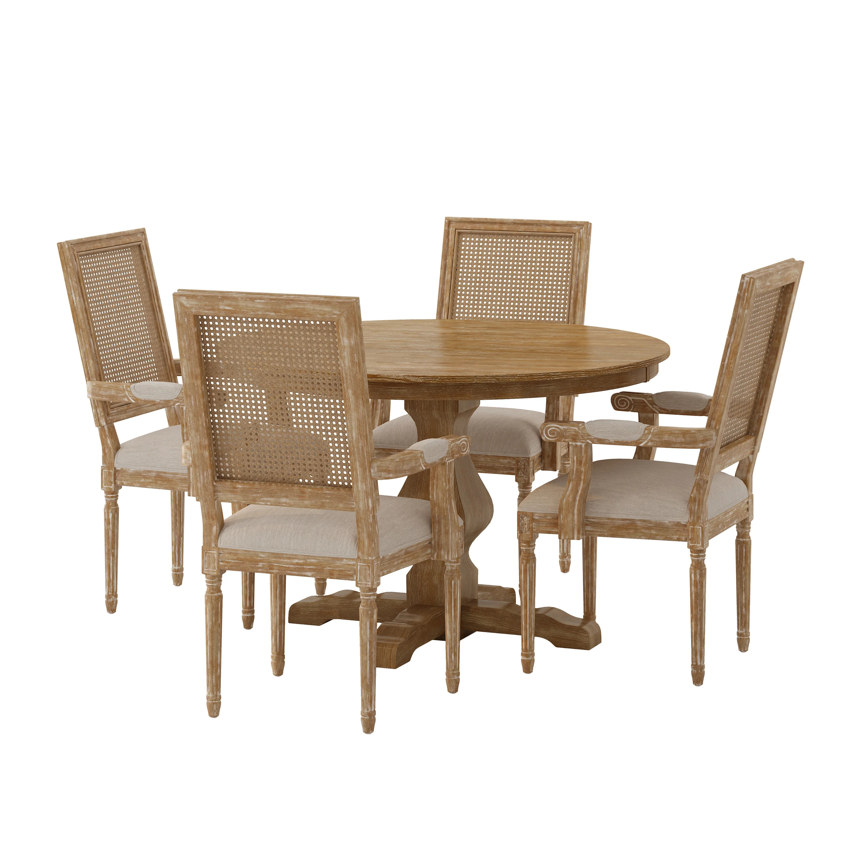 Joretta French Country Fabric Upholstered Wood and Cane 5 Piece Circular Dining Set - furnishings