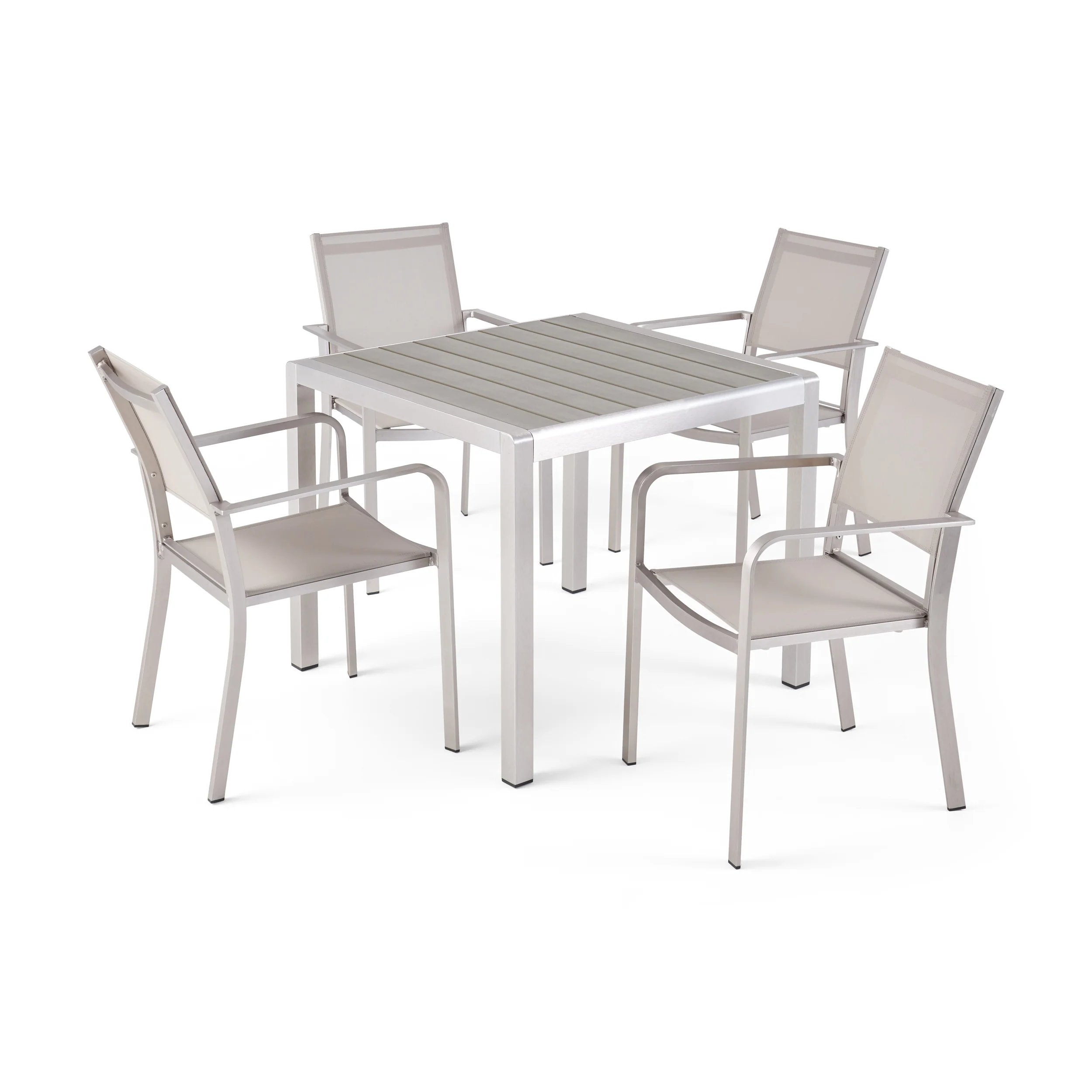 Rorik Outdoor Modern 4 Seater Aluminum Dining Set with Faux Wood Table Top - furnishings