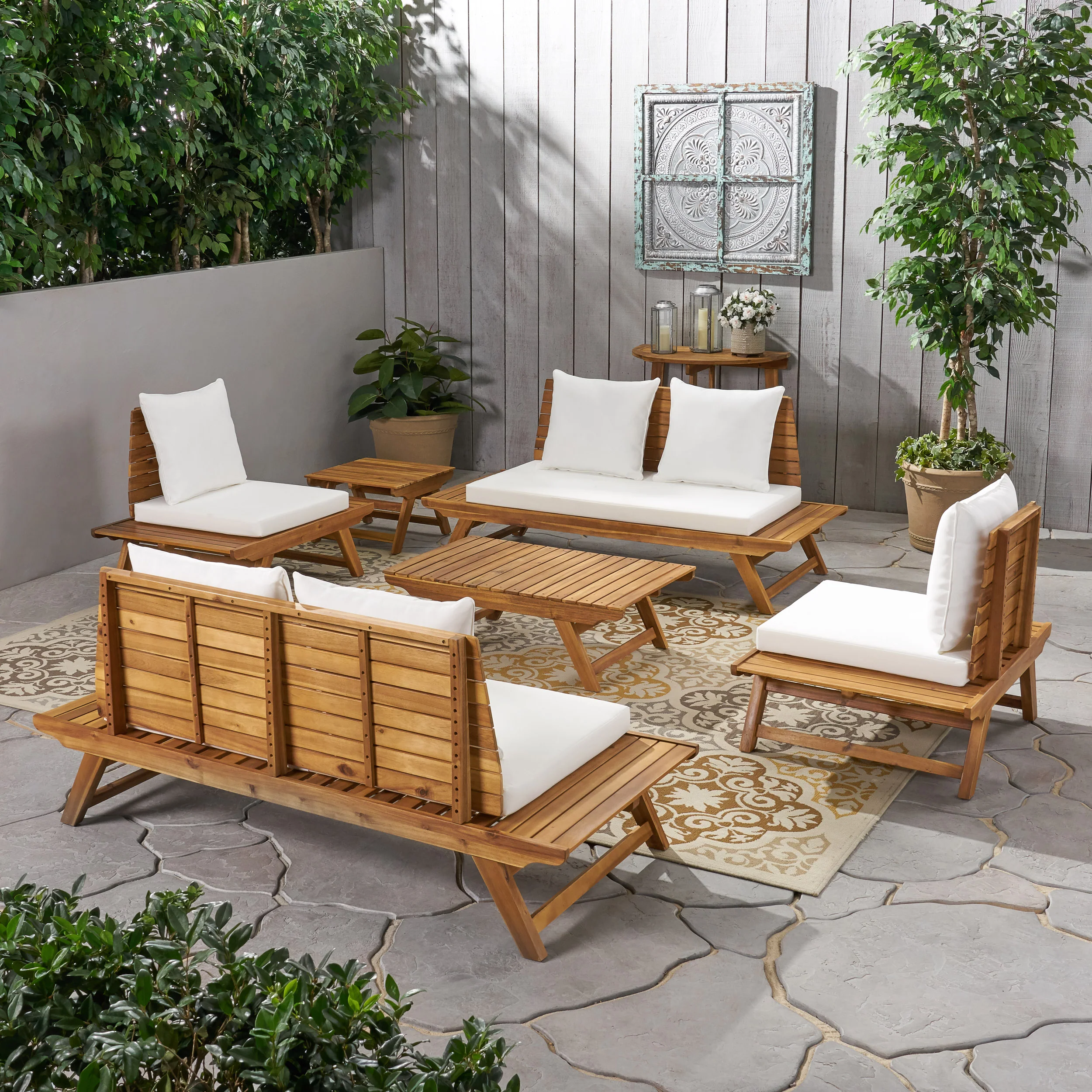 Kaiya Outdoor Acacia Wood 6 Seater Chat Set with Side Table and Coffee Table - furnishings