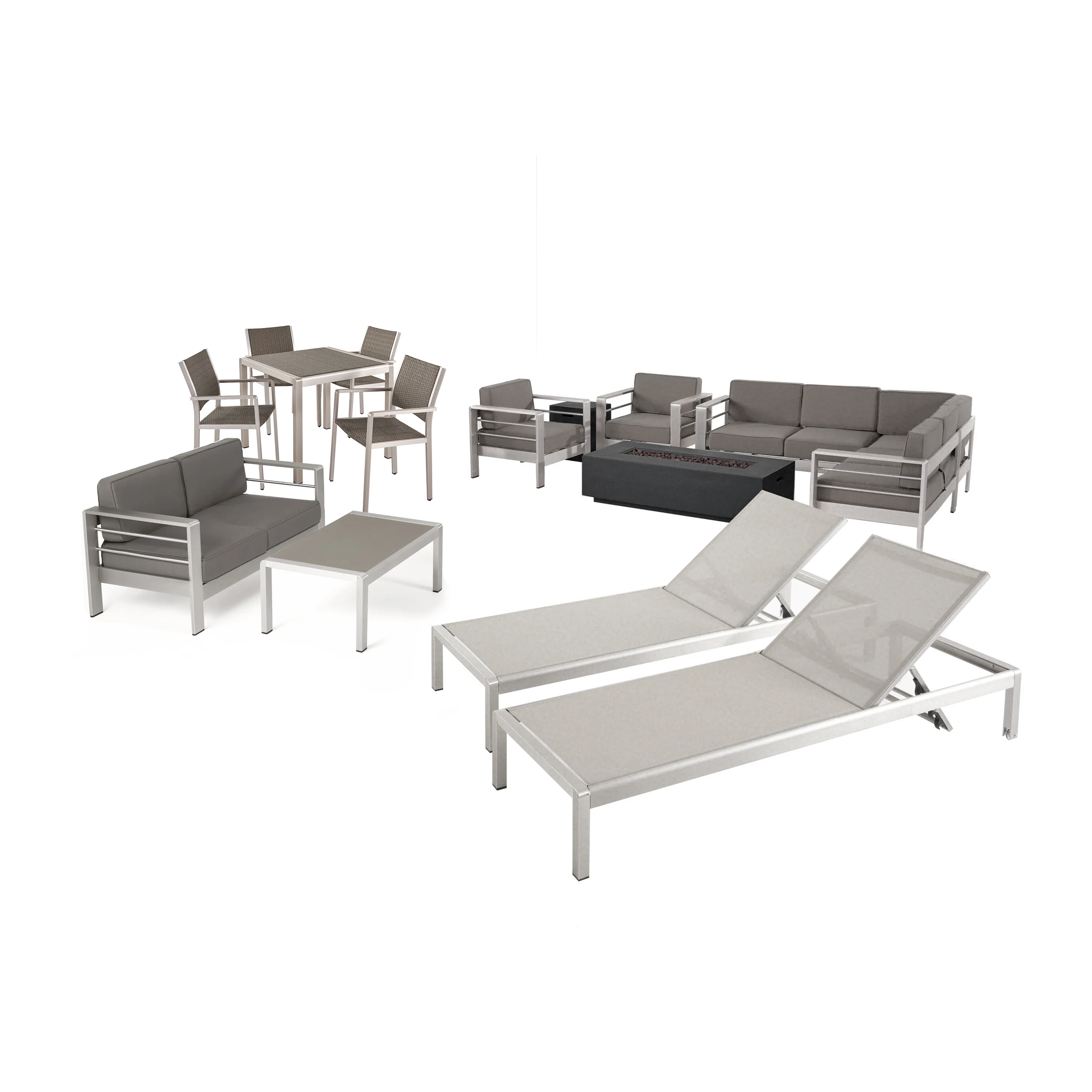 Cherie Outdoor 16 Piece Aluminum Estate Collection with Cushions and Fire Pit - furnishings