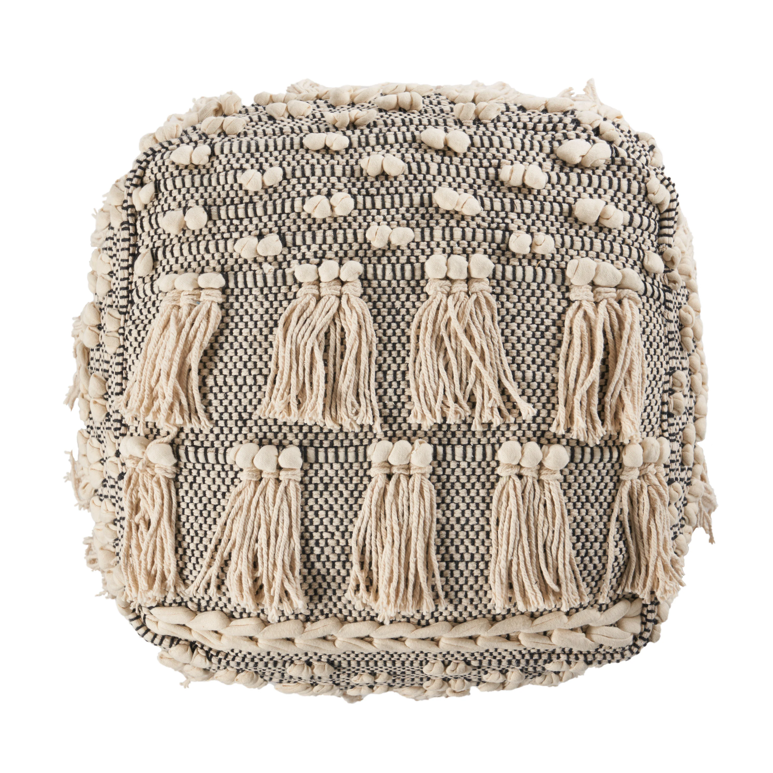 Arcola Handcrafted Boho Fabric Cube Pouf with Tassels - furnishings