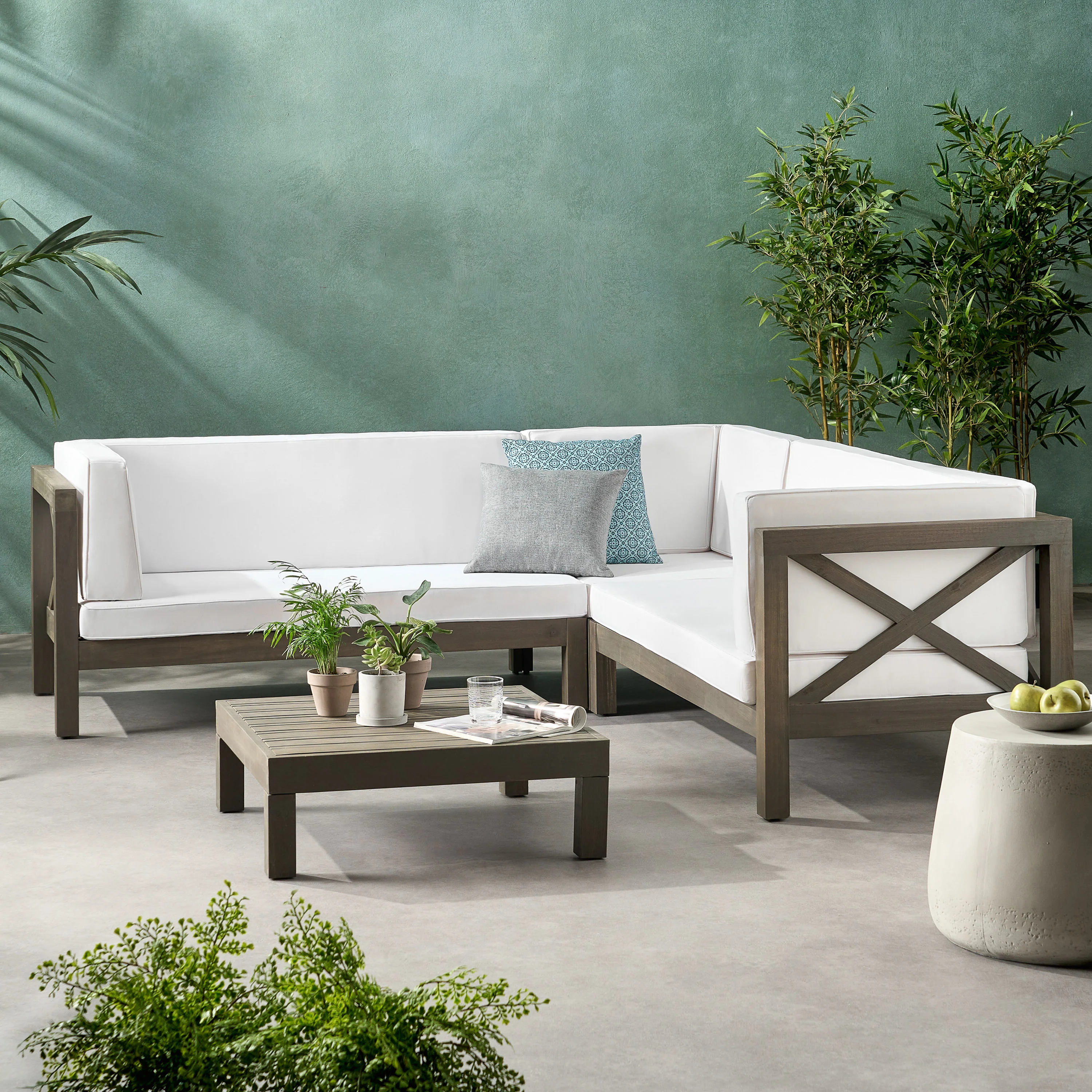 Brava Outdoor 4 Piece V-Shaped Acacia Wood Sectional Sofa and Coffee Table Set - furnishings