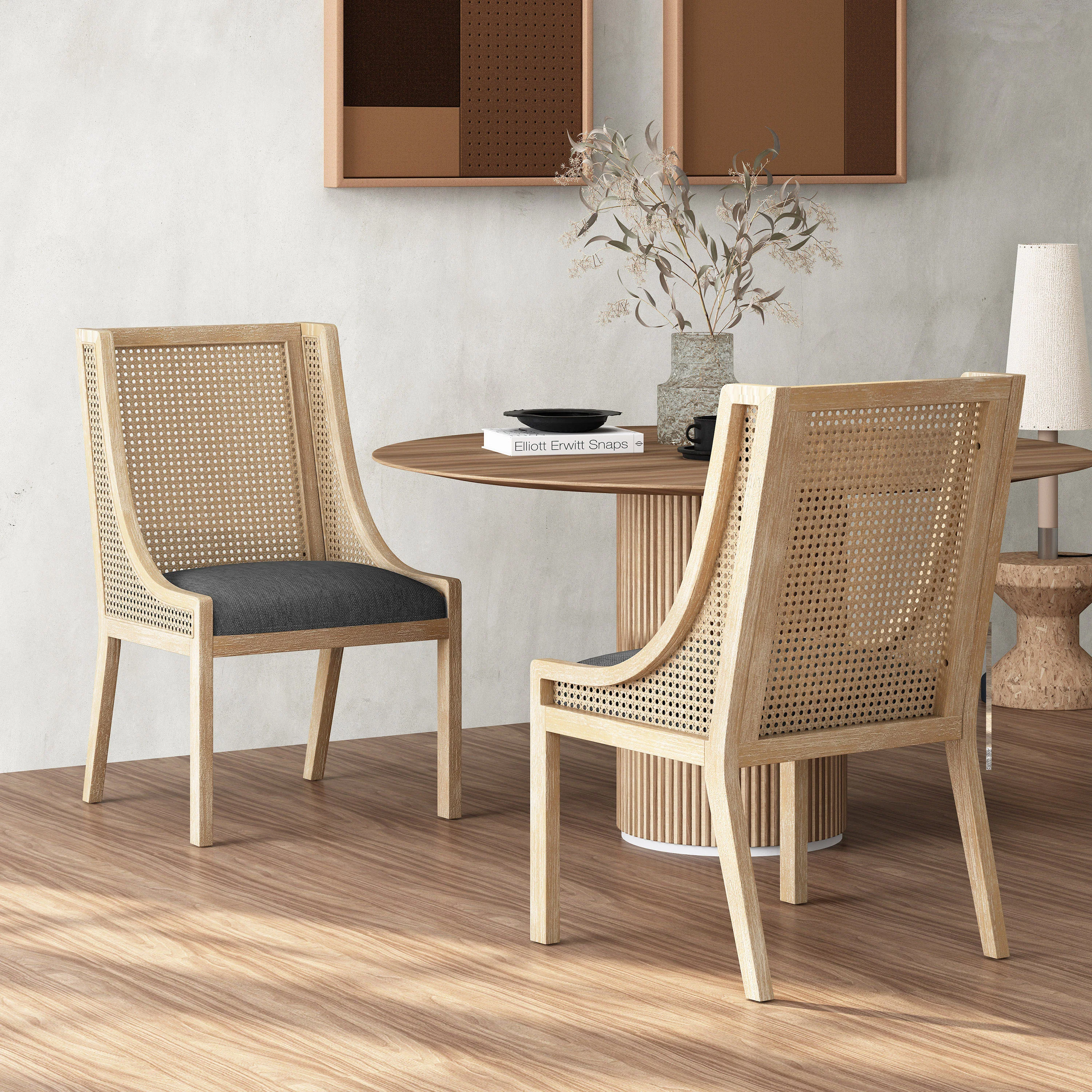 Wendell Rustic Cane and Wood Upholstered Dining Chairs, Set of 2 - furnishings