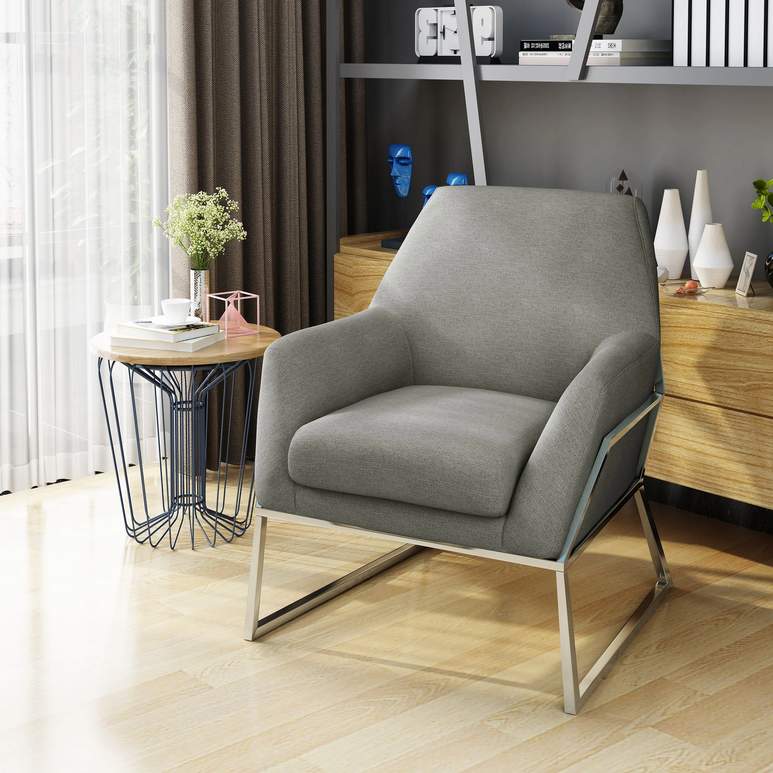 Zach Modern Stainless Steel Frame Fabric Accent Chair - furnishings