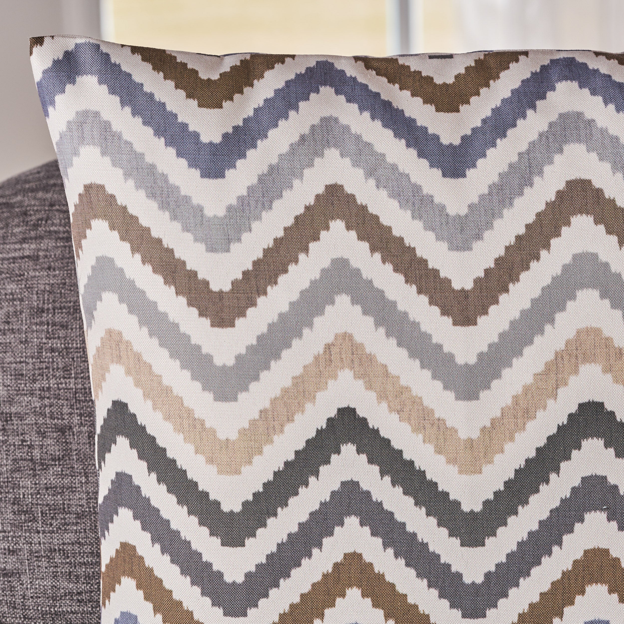 Callon Indoor Grey, Blue, and Brown Zig Zag Striped Water Resistant Square Throw Pillow - furnishings