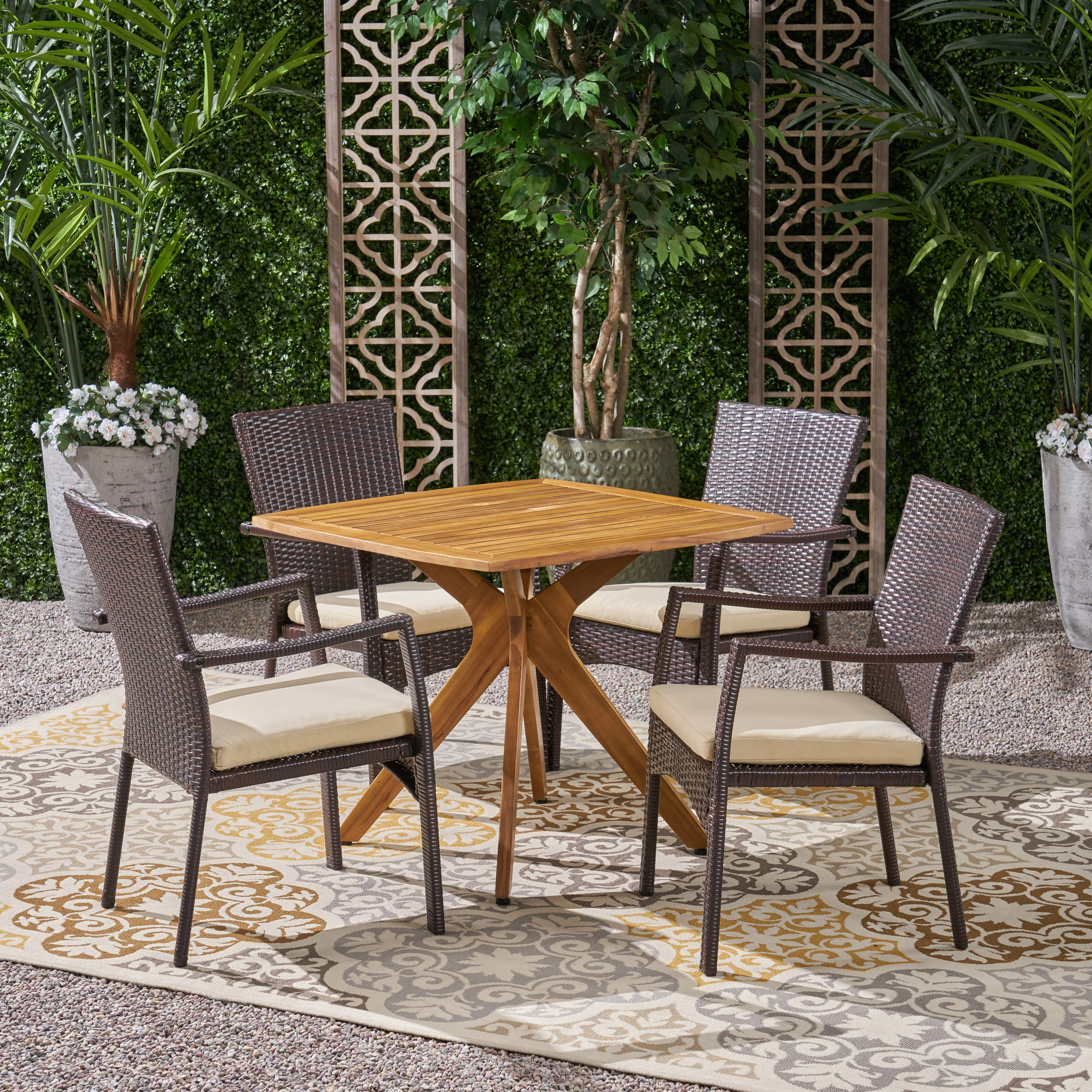 Holmes Outdoor 5 Piece Wood and Wicker Dining Set - furnishings