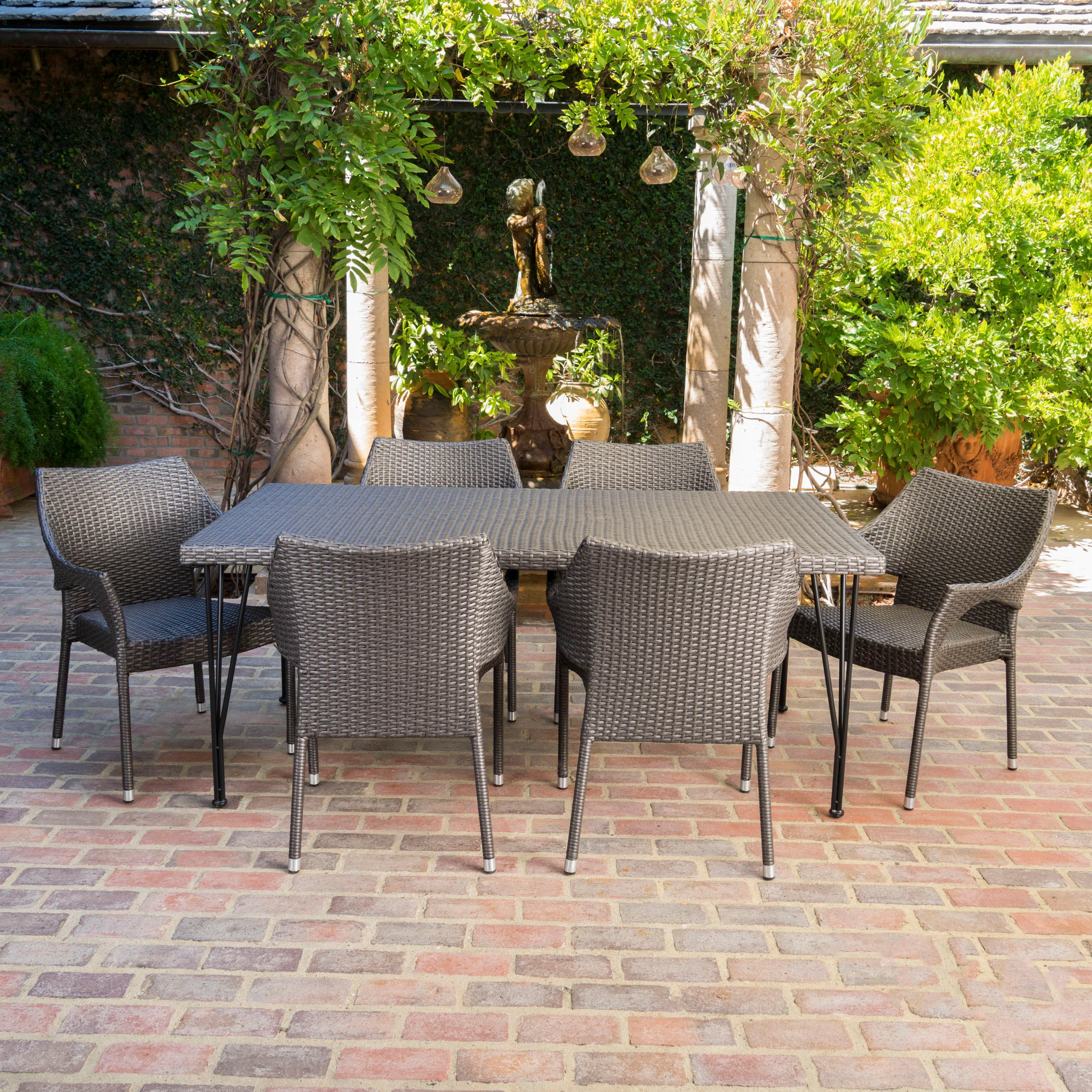 Durango Outdoor 7 Piece Gray Wicker Rectangular Dining Set with Stacking Chairs - furnishings