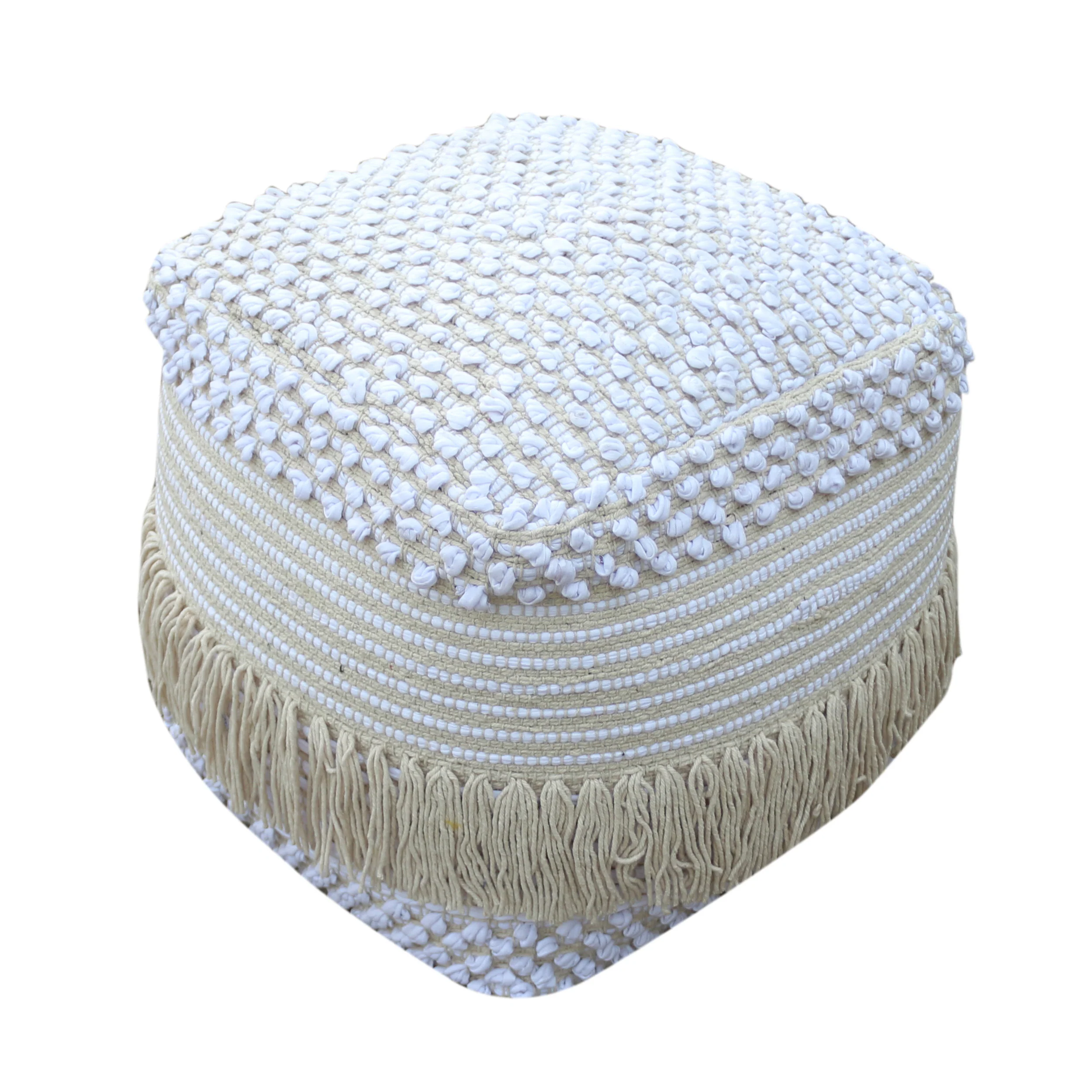 Alfie Boho Cotton Pouf, White - furnishings