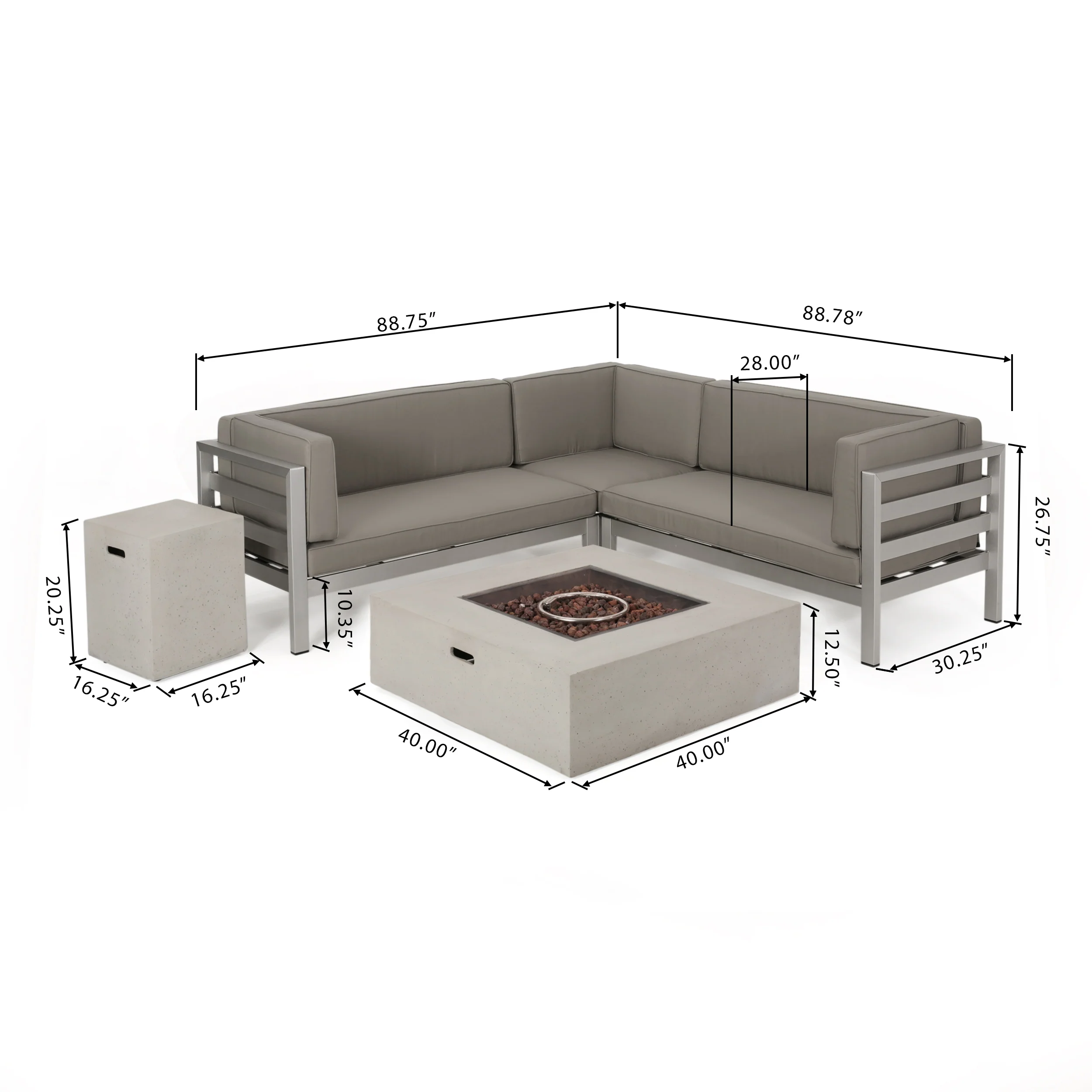 Lompoc Aire Outdoor Modern 5 Seater V-Shaped Sectional Sofa Set with Fire Pit and Tank Holder - furnishings