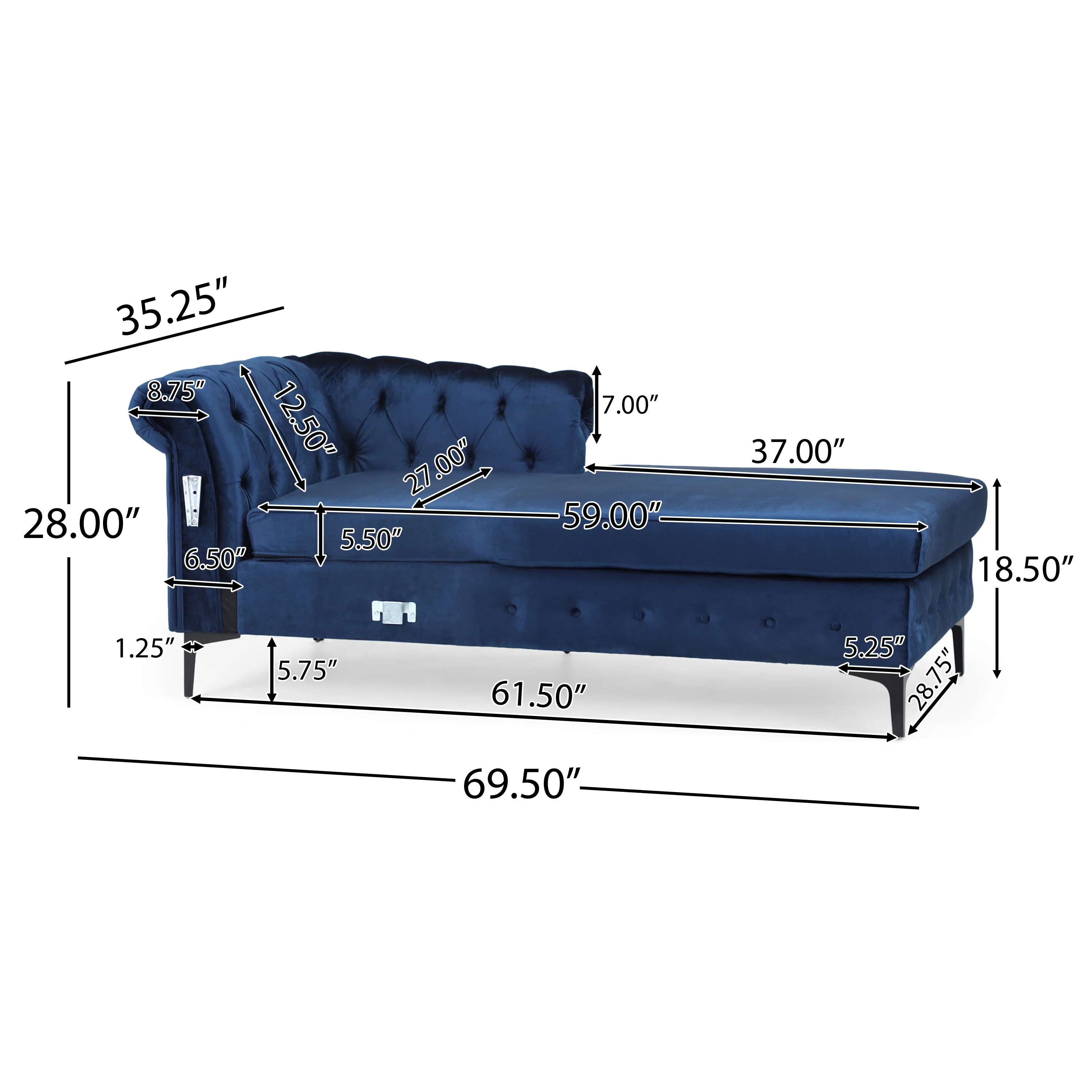 Juelz Contemporary Velvet 3 Seater Sectional Sofa with Chaise Lounge - furnishings