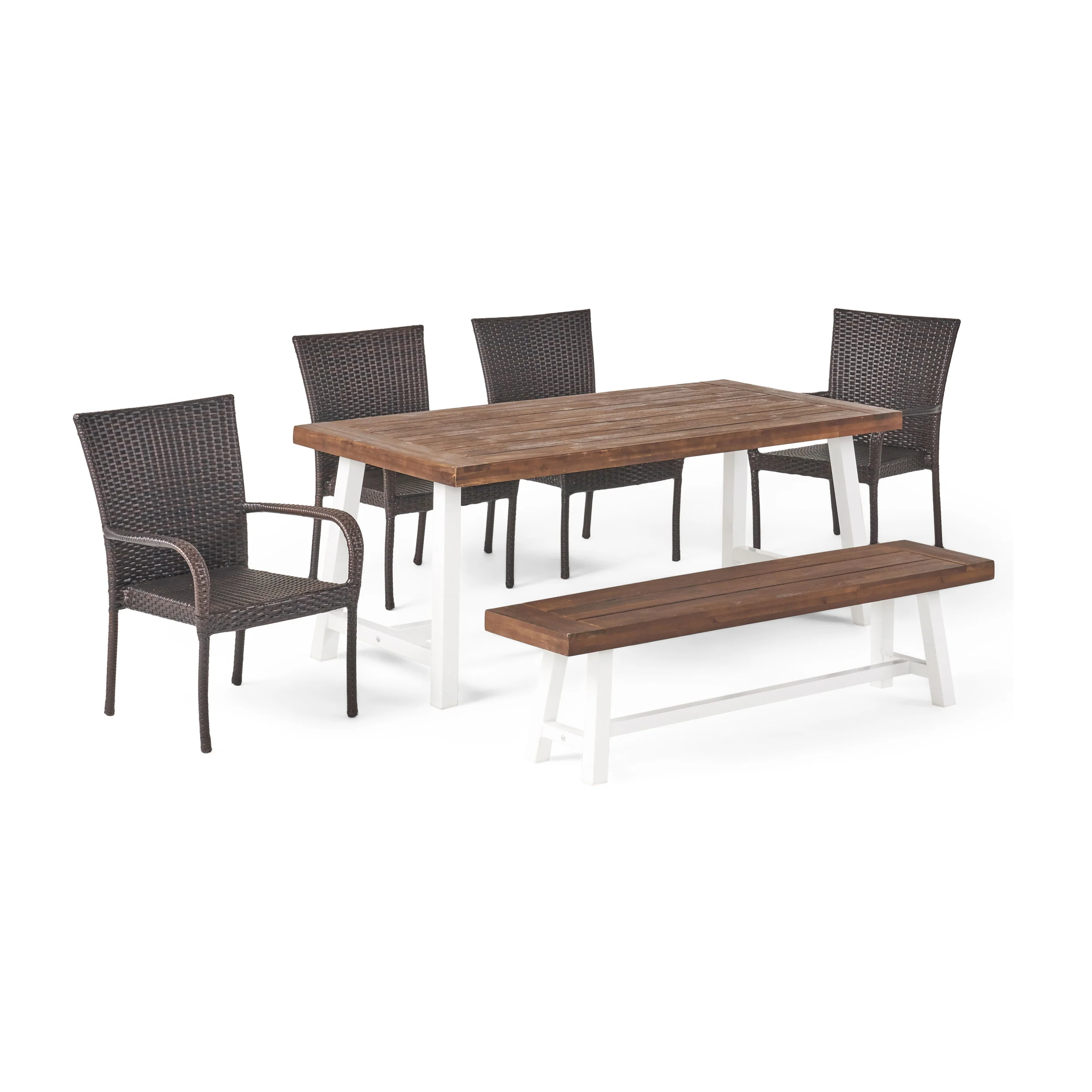 Luminous Outdoor 6 Piece Stacking Wicker Dining Set with Acacia Wood Table and Bench - furnishings