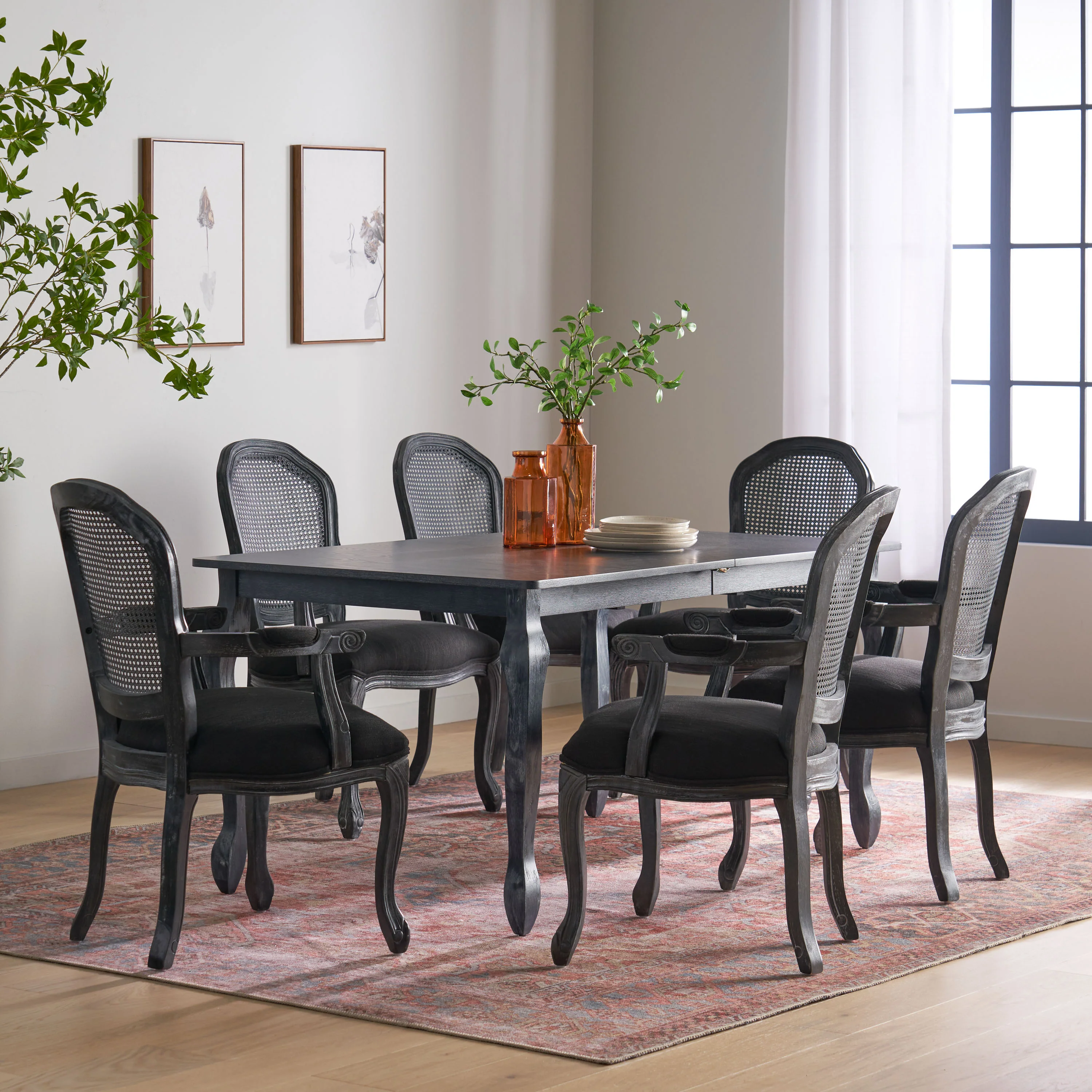 Fescue French Country Fabric Upholstered Wood and Cane Expandable 7 Piece Dining Set - furnishings