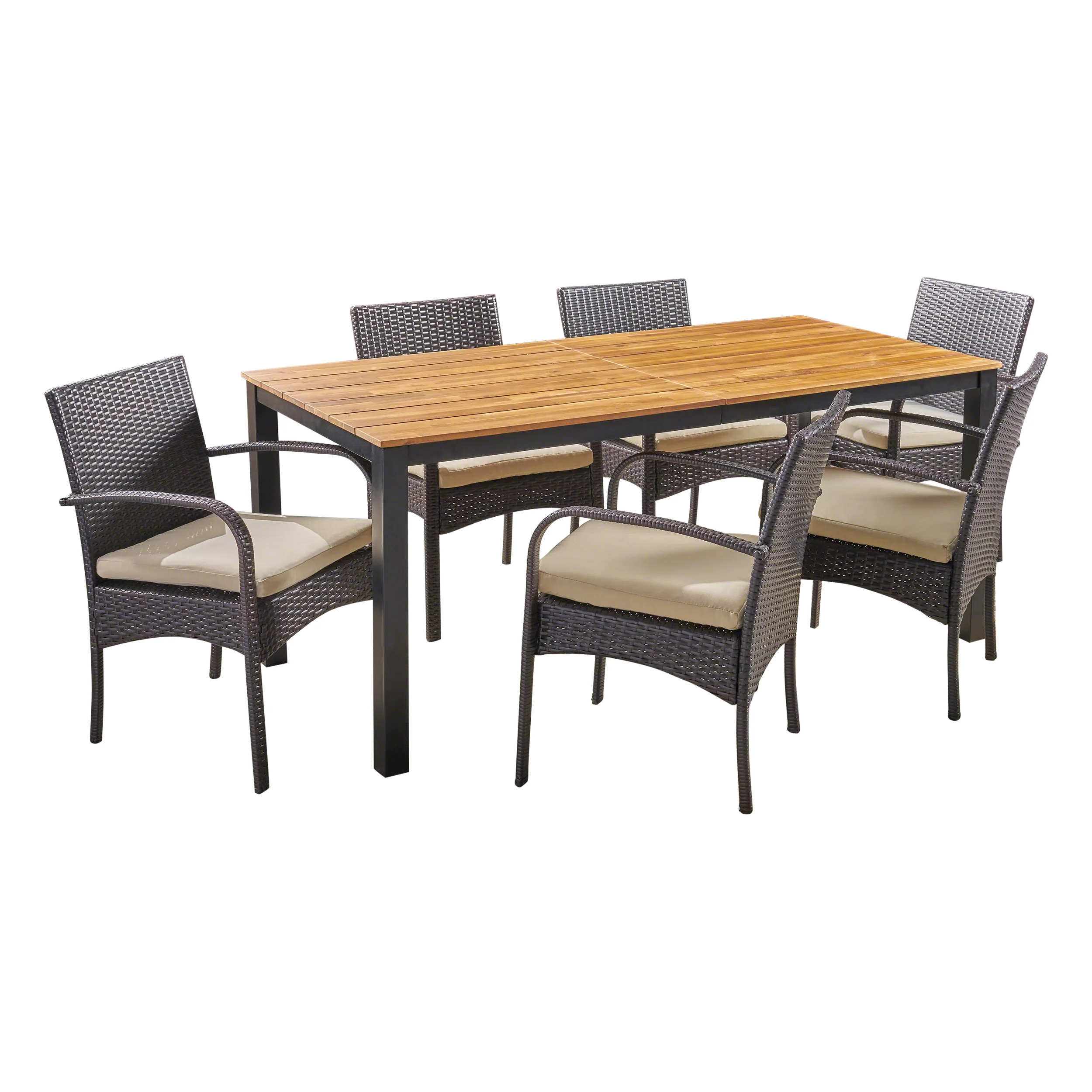 Nicole Outdoor 7 Piece Acacia Wood Dining Set with Wicker Chairs, Teak and Multi Brown and Cream - furnishings