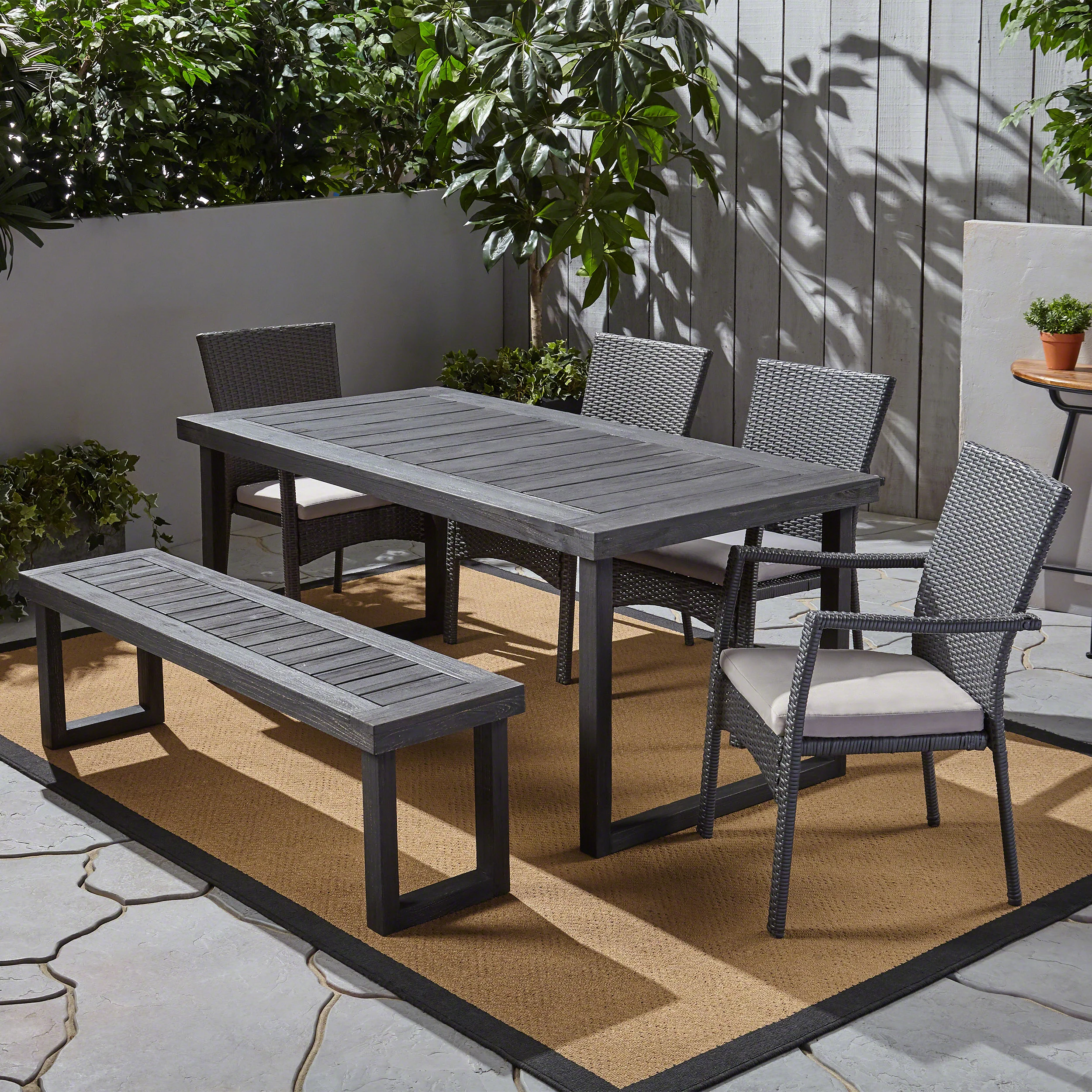 Dawn Outdoor 6-Seater Wood and Wicker Chair and Bench Dining Set - furnishings