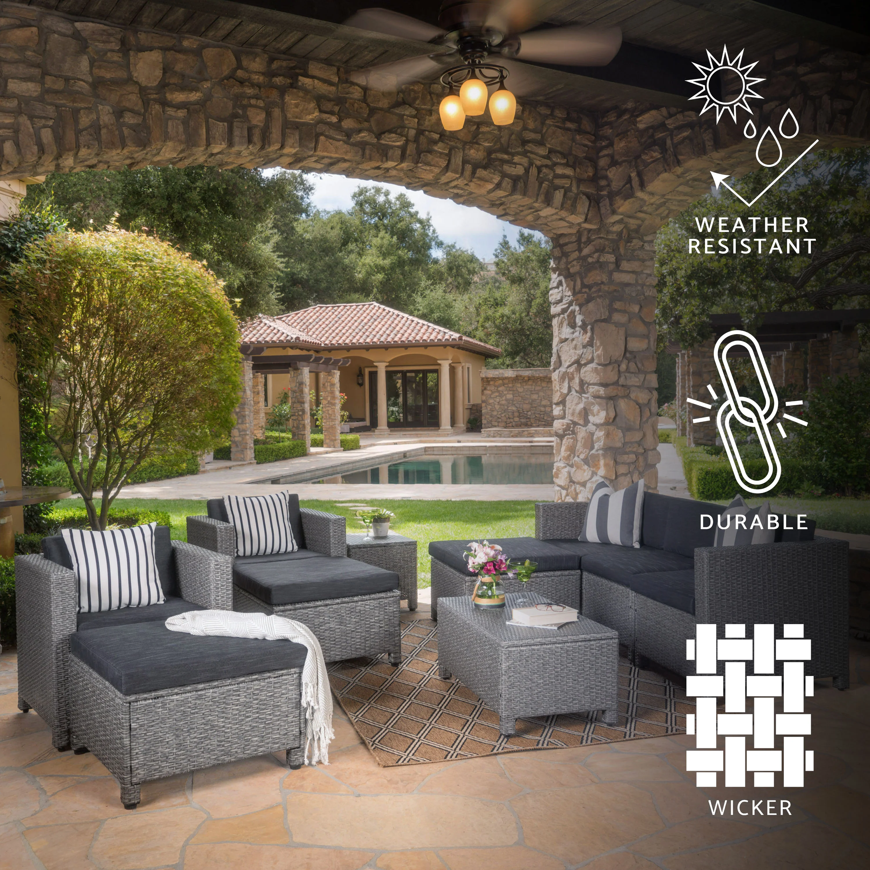 Feronia Outdoor 10 Piece Wicker Sofa Collection w/ Water Resistant Cushions - furnishings