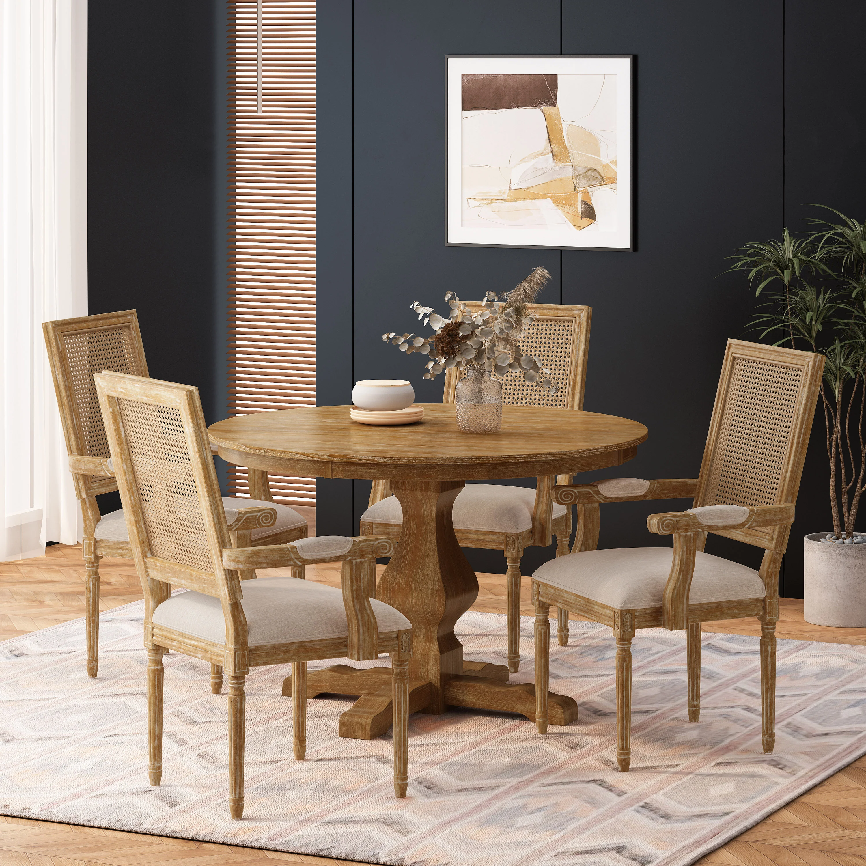Joretta French Country Fabric Upholstered Wood and Cane 5 Piece Circular Dining Set - furnishings