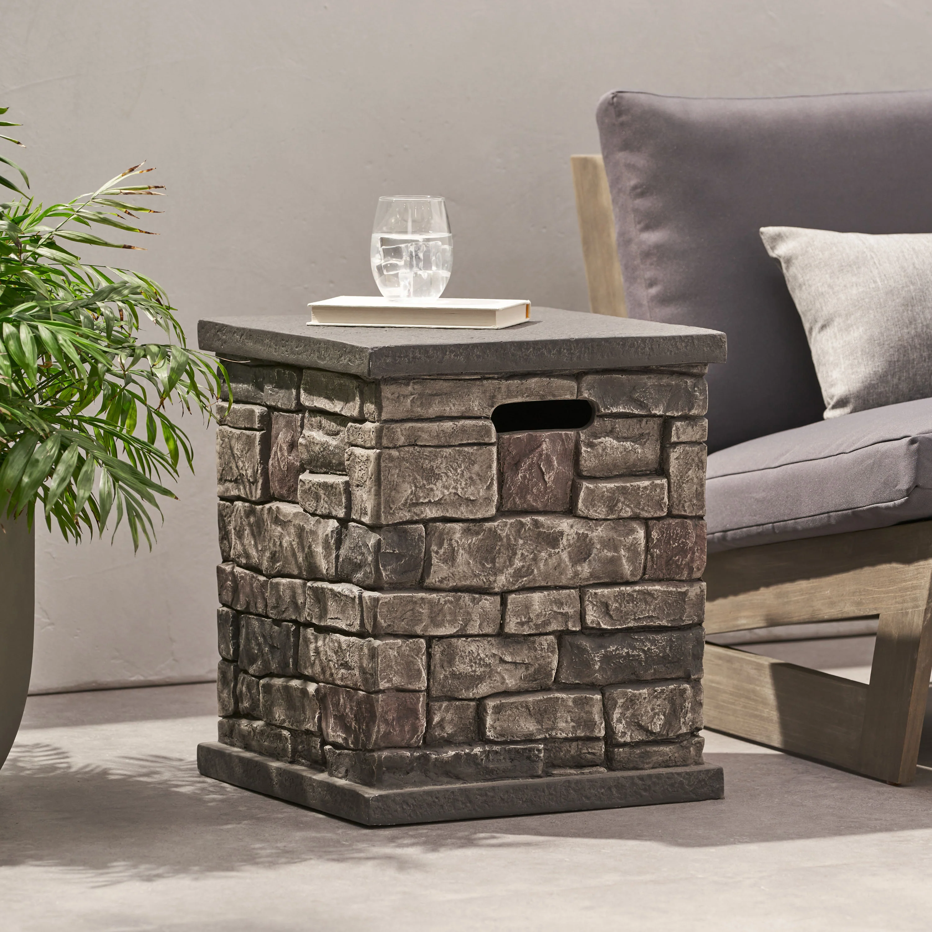 Troy Outdoor Lightweight Concrete Tank Holder Side Table, Stone Finish - furnishings