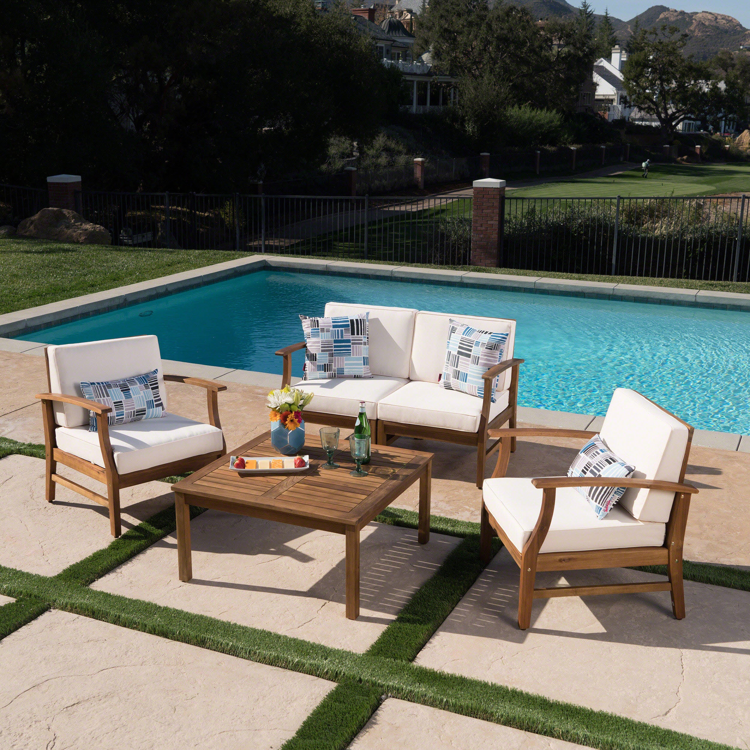 Lorelei Outdoor 4 Seat Teak Finished Acacia Wood Chat Set with Water Resistant Cushions - furnishings