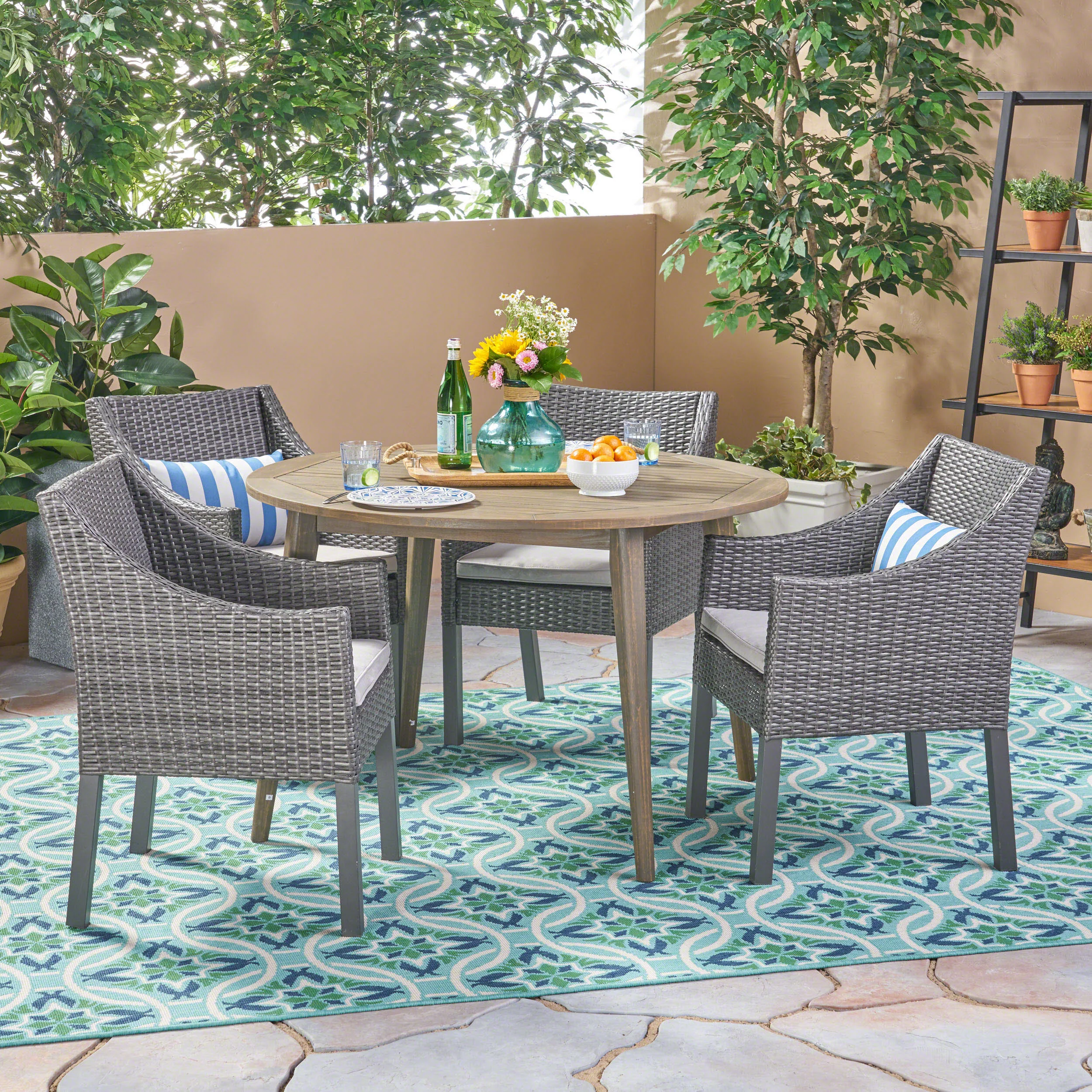 Shipp Outdoor 5 Piece Wood and Wicker Dining Set - furnishings