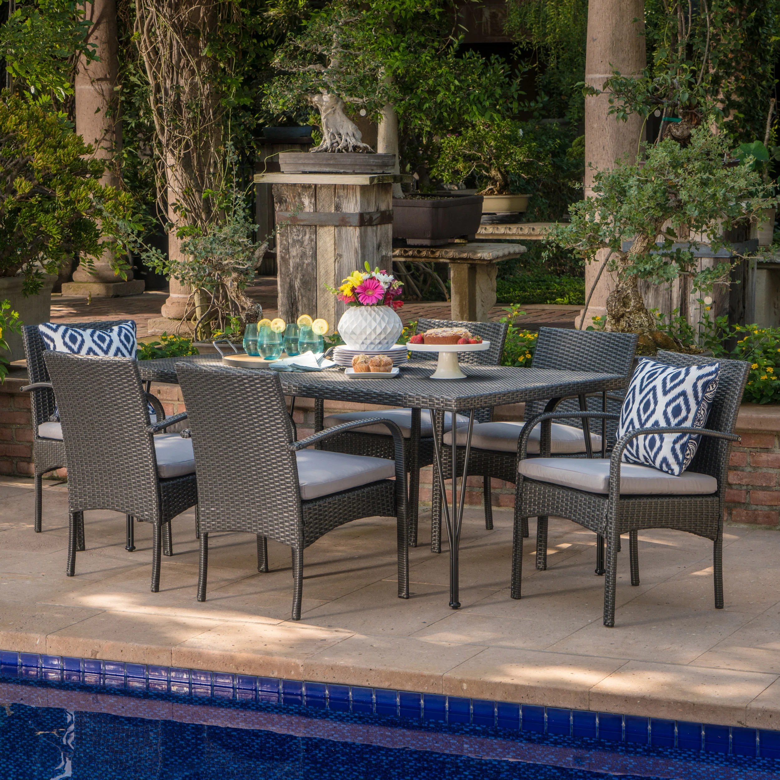 Kari Outdoor 7 Piece Wicker Rectangular Dining Set with Water Resistant Cushions - furnishings