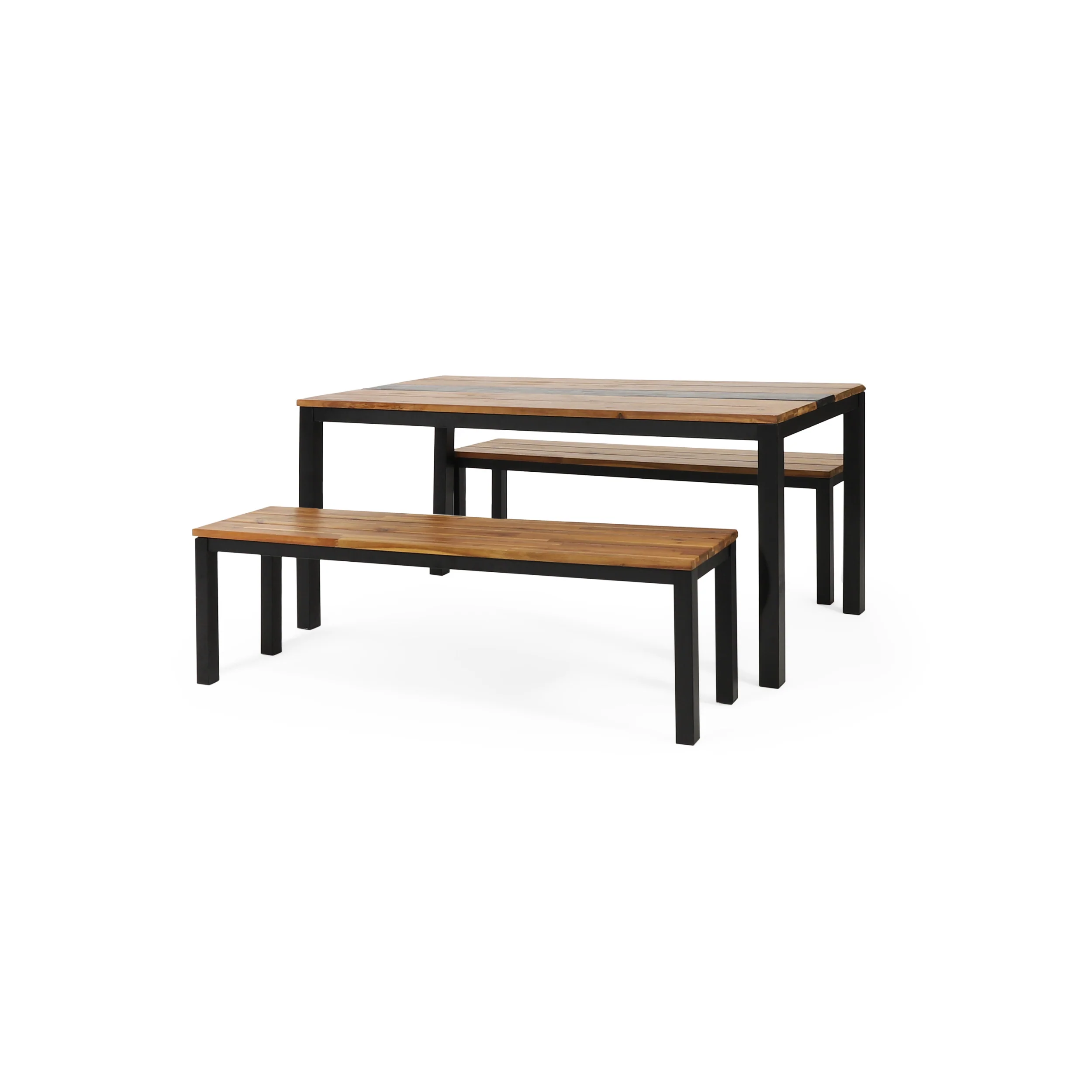 Colcord Outdoor Modern Industrial Acacia Wood 3 Piece Picnic Set, Teak and Black - furnishings