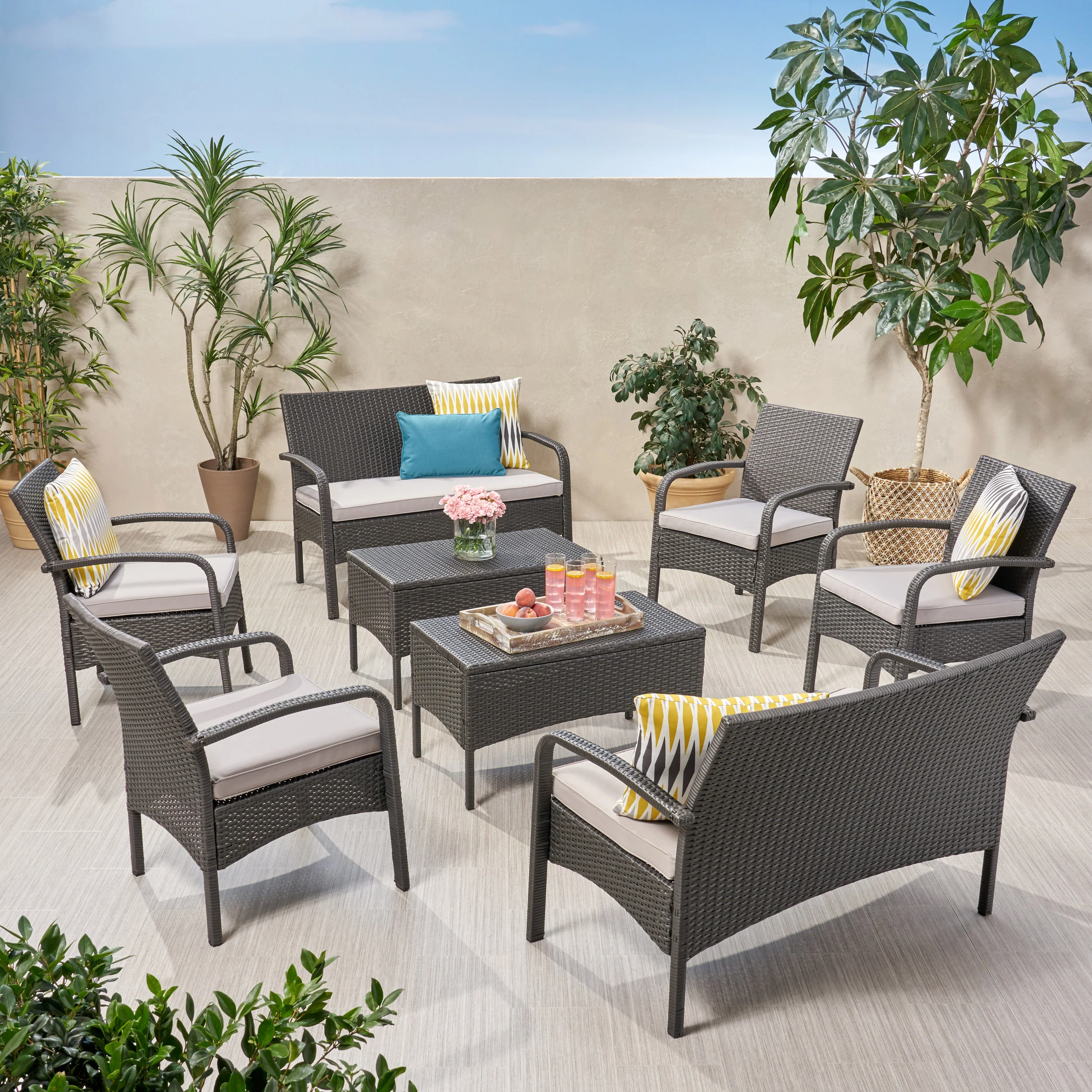 Carmela Outdoor 8 Seater Wicker Chat Set with Cushions - furnishings
