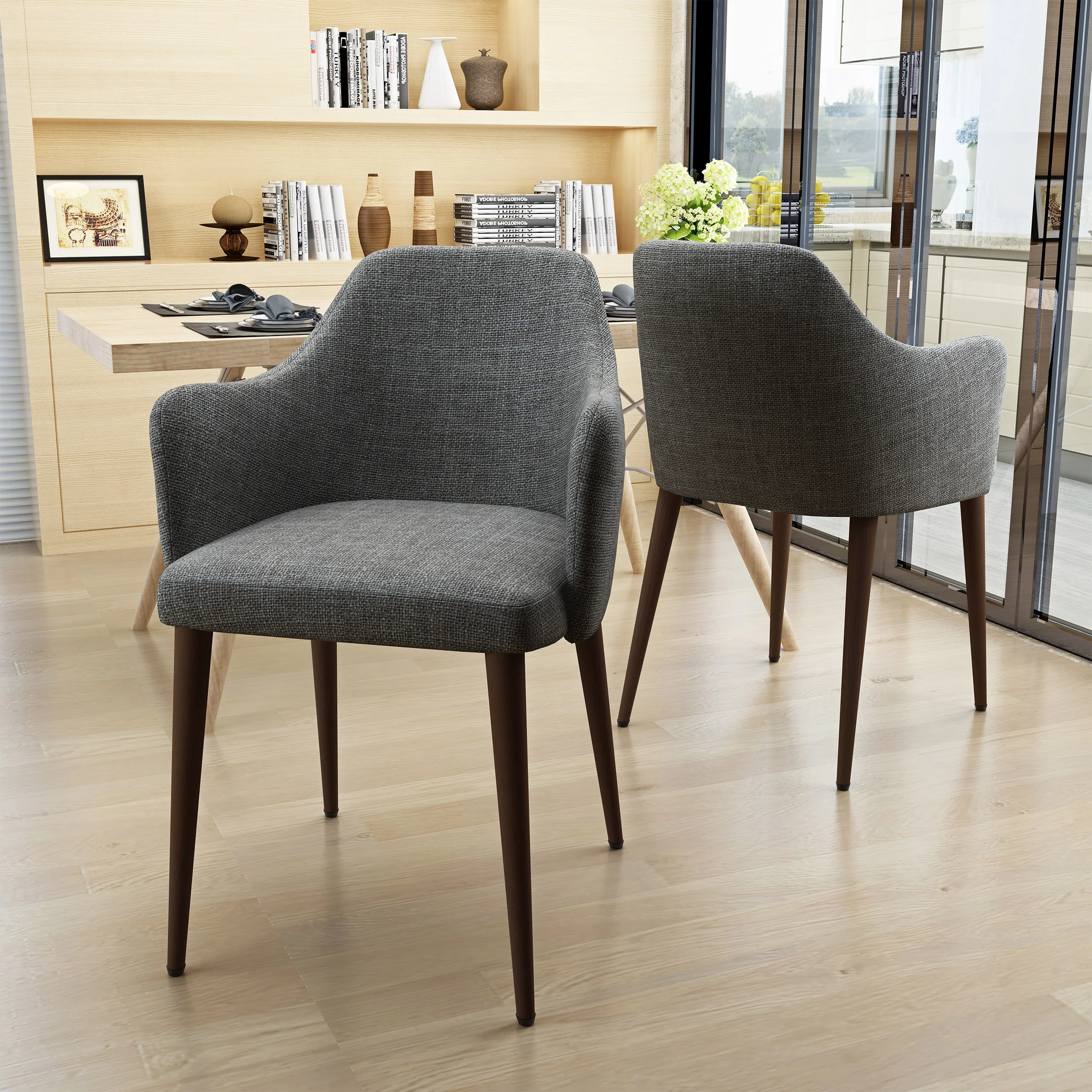 Nande Mid Century Fabric Dining Chairs with Wood Finished Legs - Set of 2 - furnishings