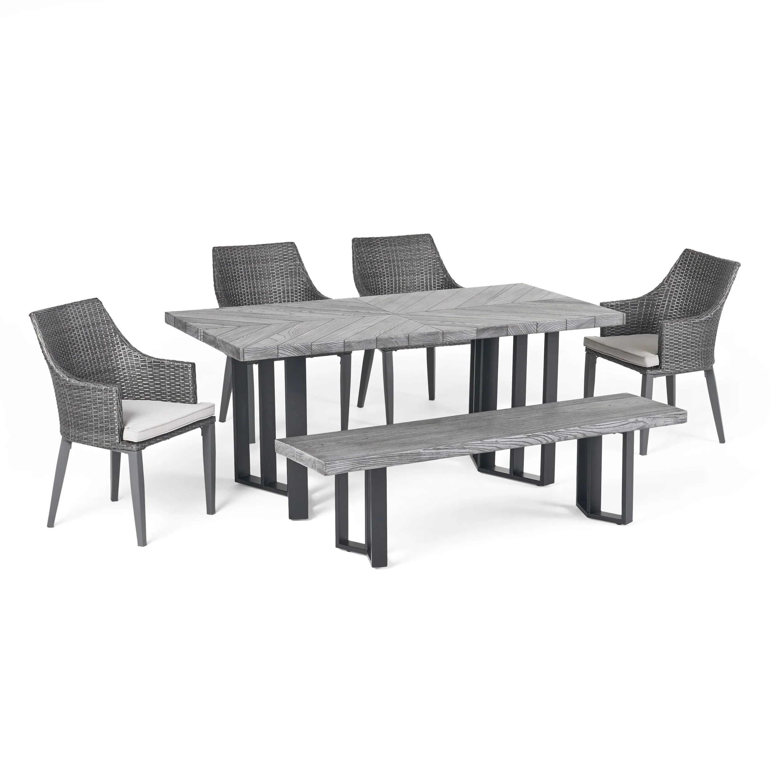 Valby Outdoor 6 Piece Wicker Dining Set with Concrete Dining Table and Bench - furnishings
