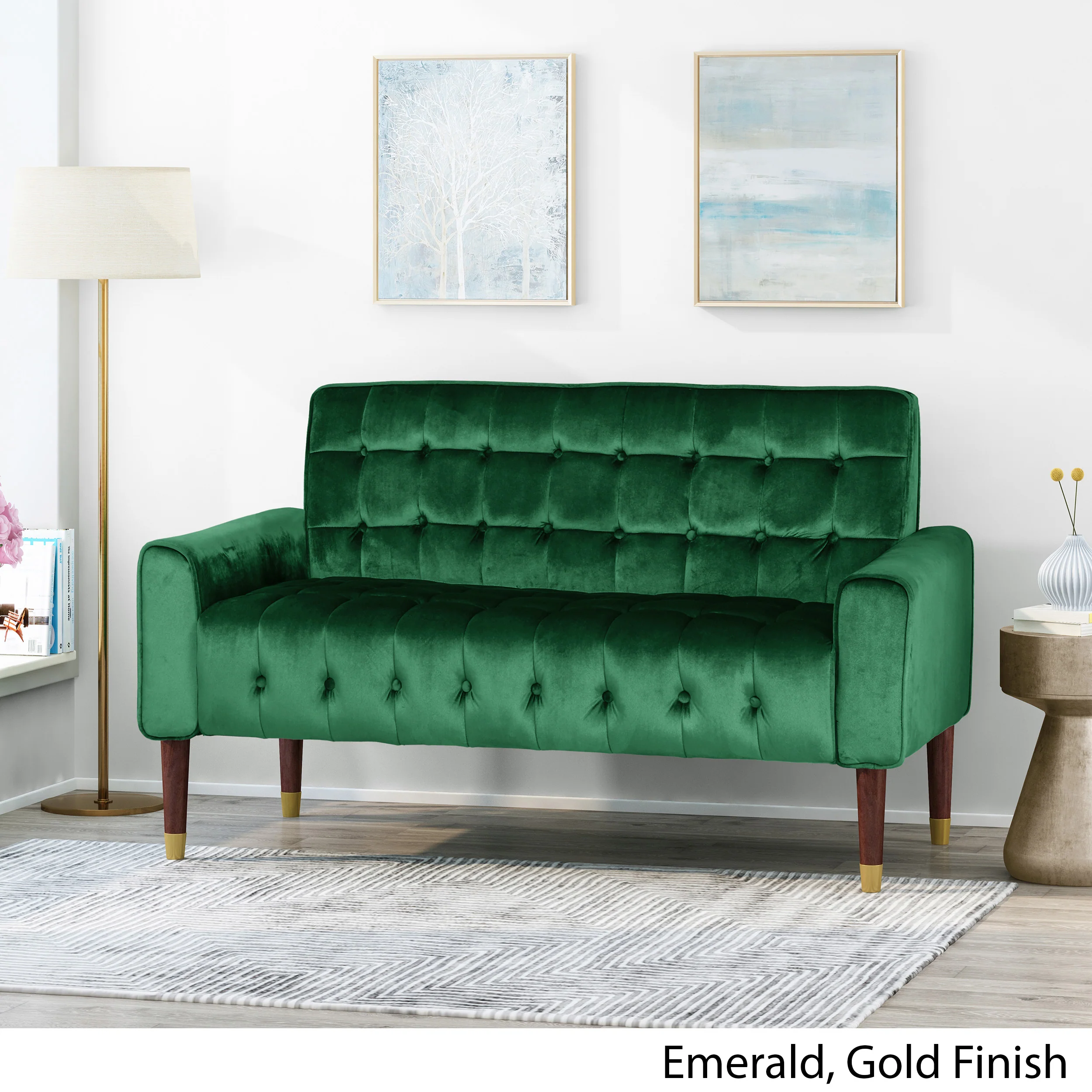 Aubrie Tufted Velvet Loveseat with Gold Tipped Tapered Legs - furnishings