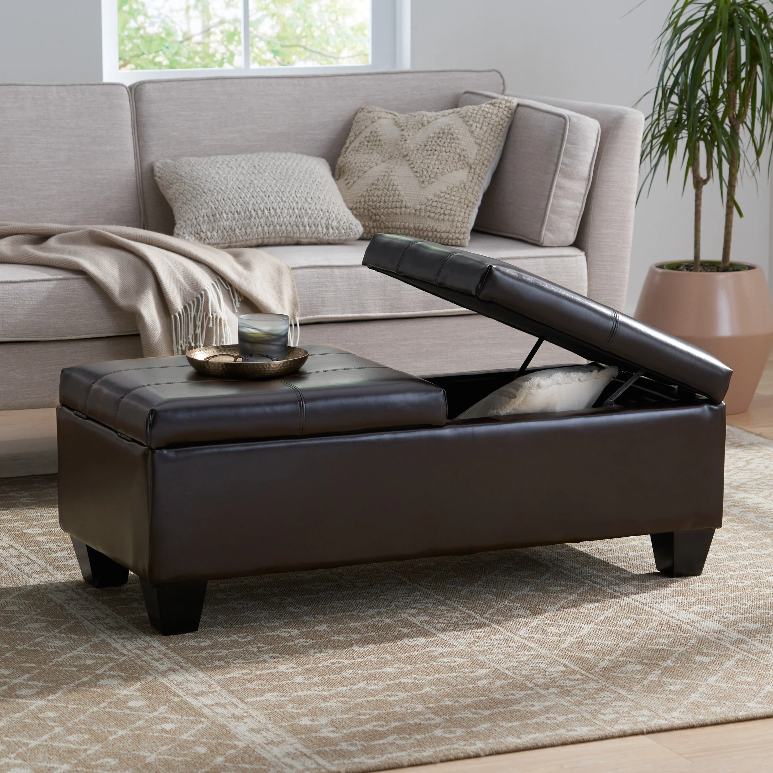 Murray Rectangle Double Flip Leather Storage Ottoman Coffee Table - furnishings