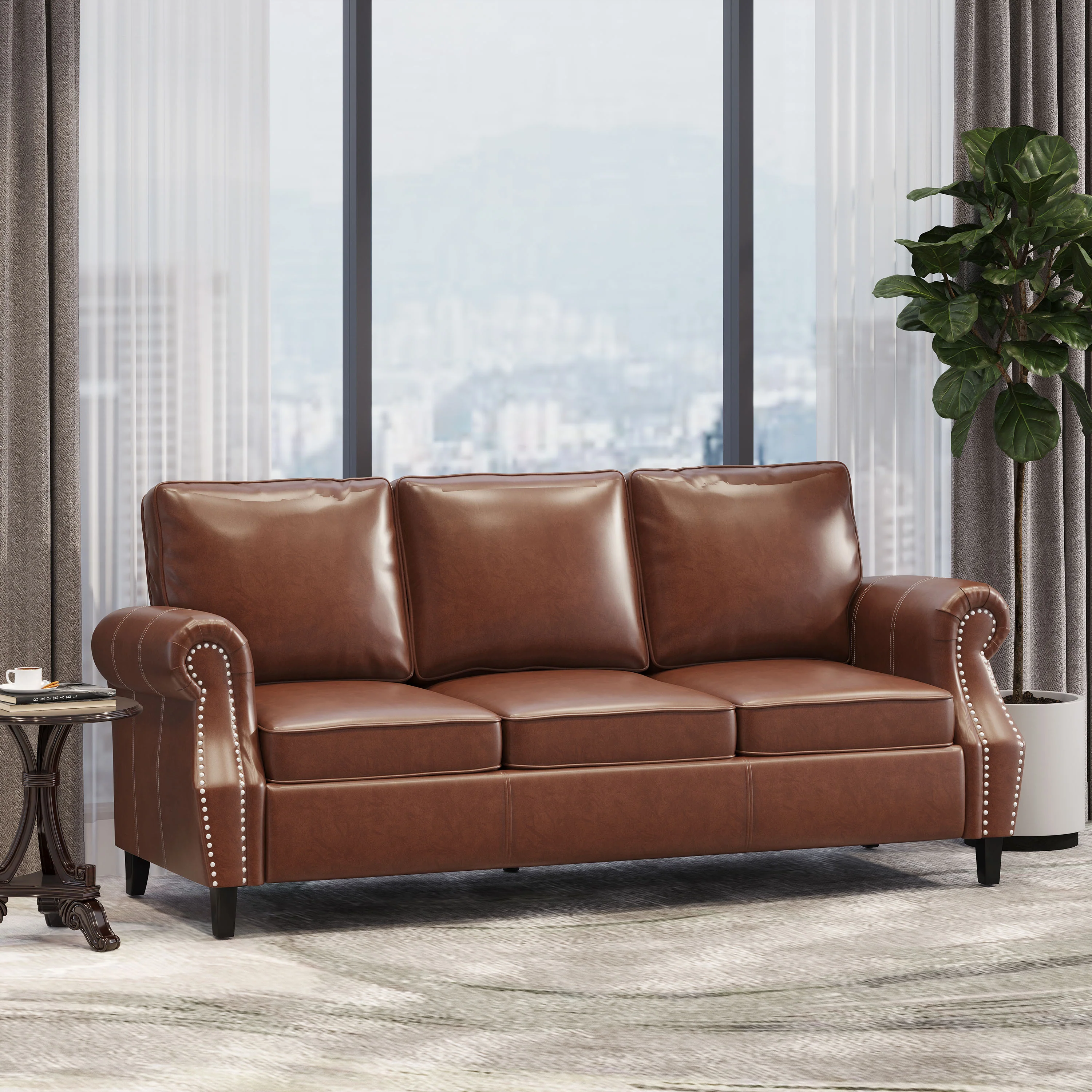 Burkehaven Contemporary Faux Leather 3 Seater Sofa with Nailhead Trim - furnishings