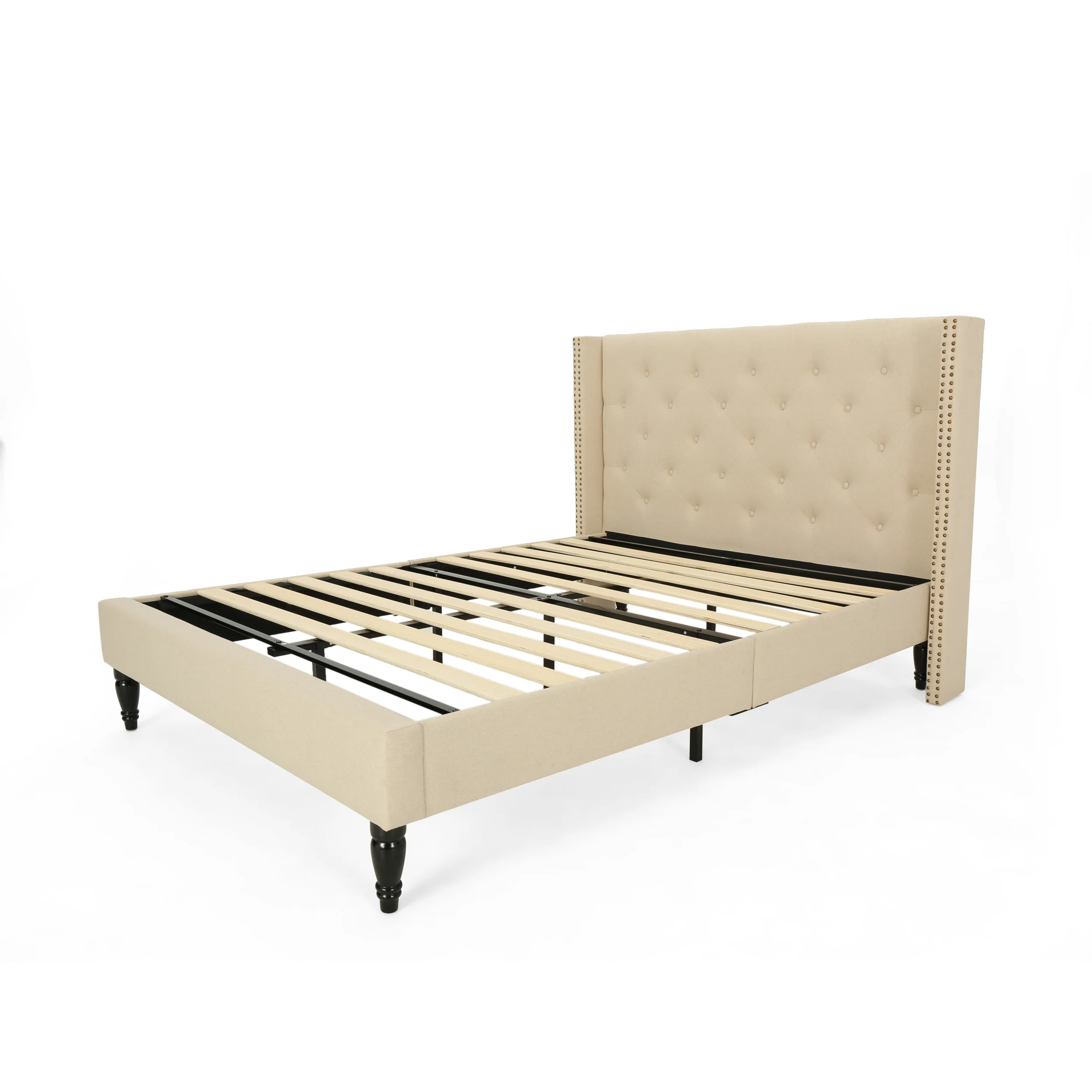 Ray Contemporary Rhinestone-Tufted Wingback Bed Frame with Nailhead Trim - furnishings
