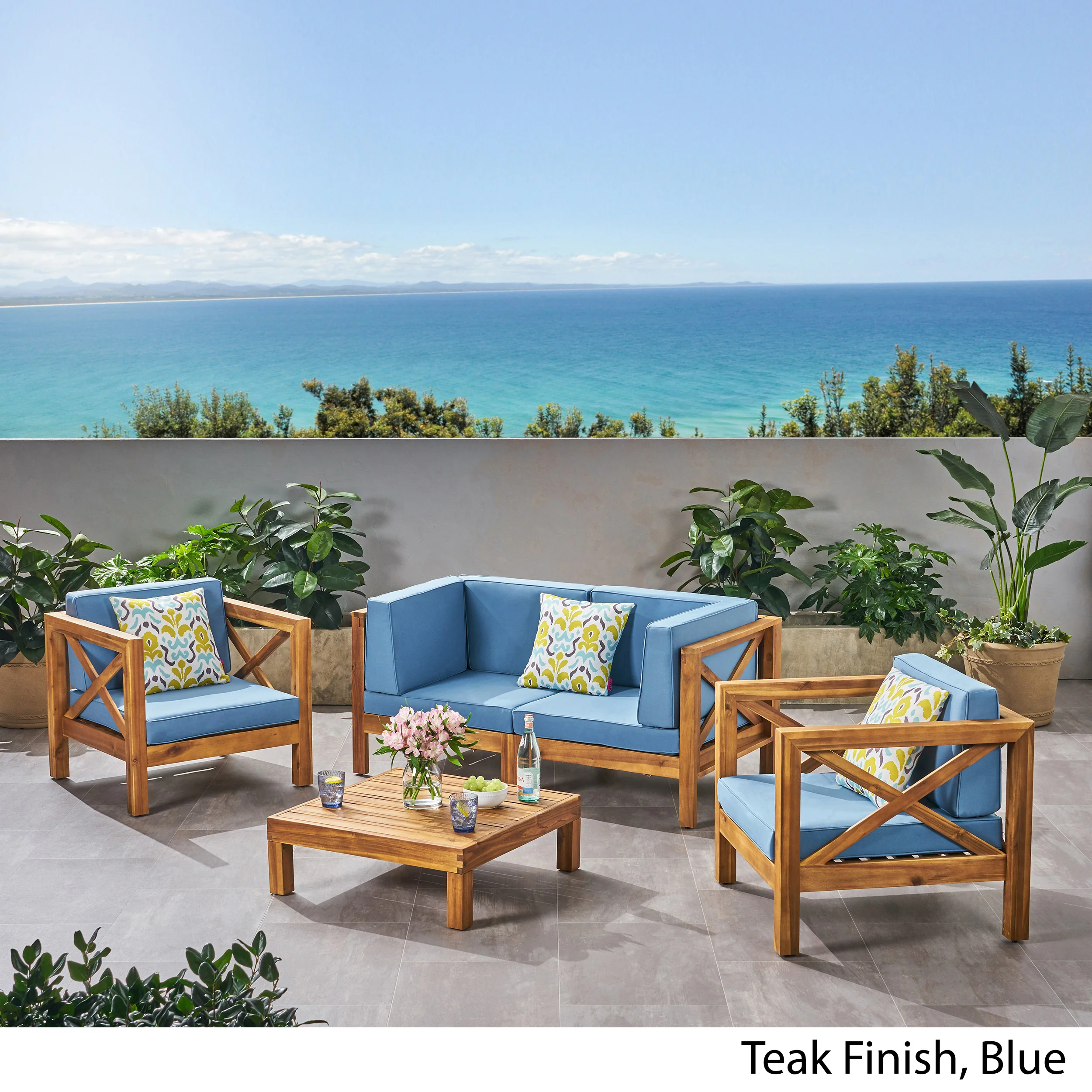 Morgan Outdoor 4 Seater Acacia Wood Loveseat Chat Set - furnishings