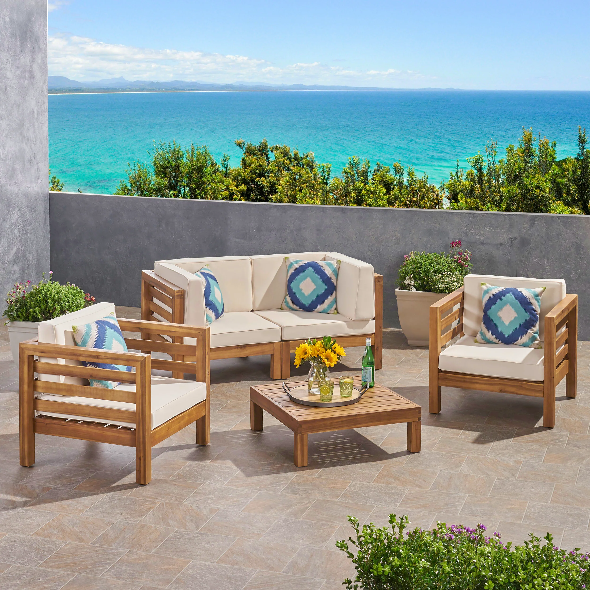 Emma Outdoor 4 Seater Acacia Wood Loveseat Chat Set - furnishings