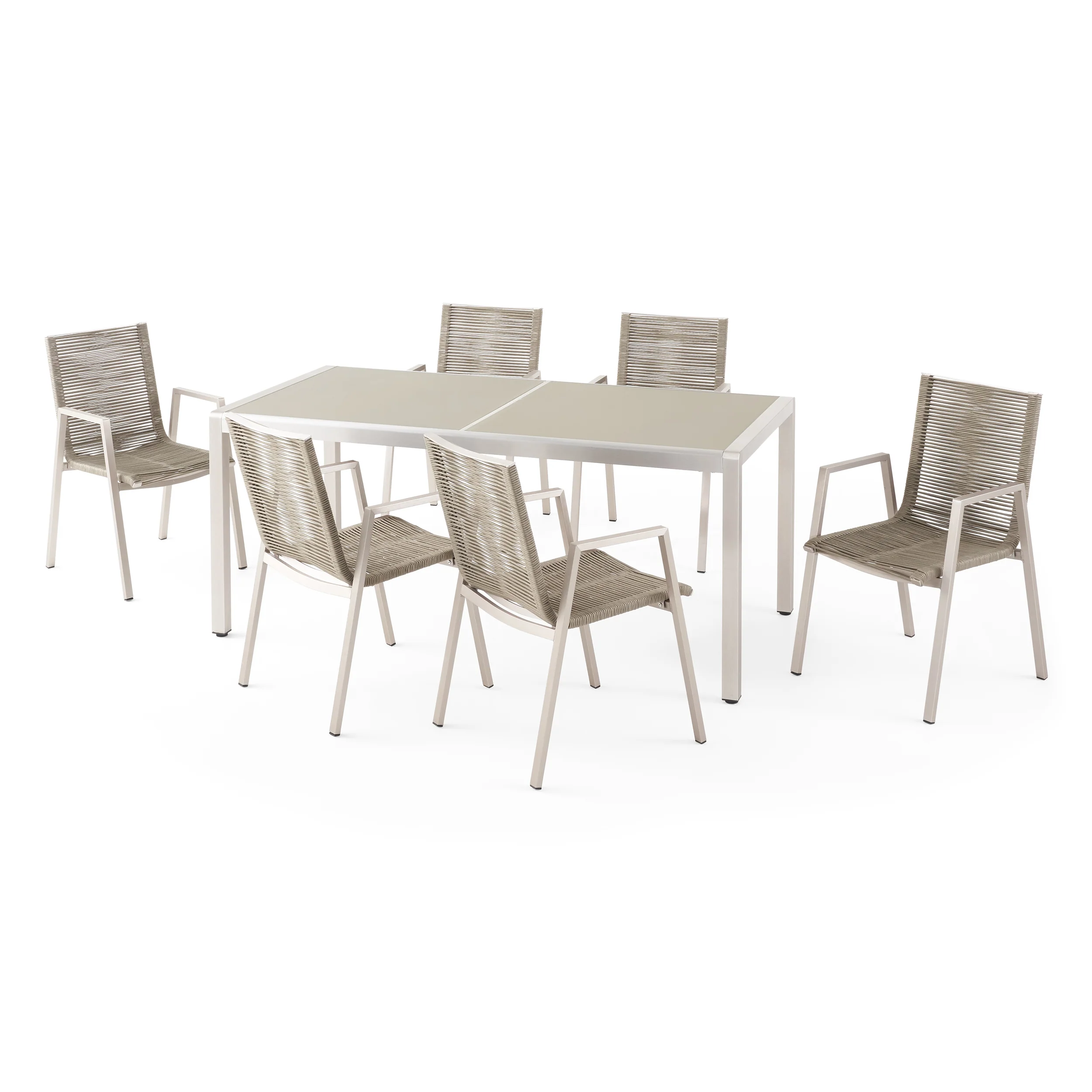 Damyrah Outdoor Modern 6 Seater Aluminum Dining Set with Tempered Glass Top - furnishings