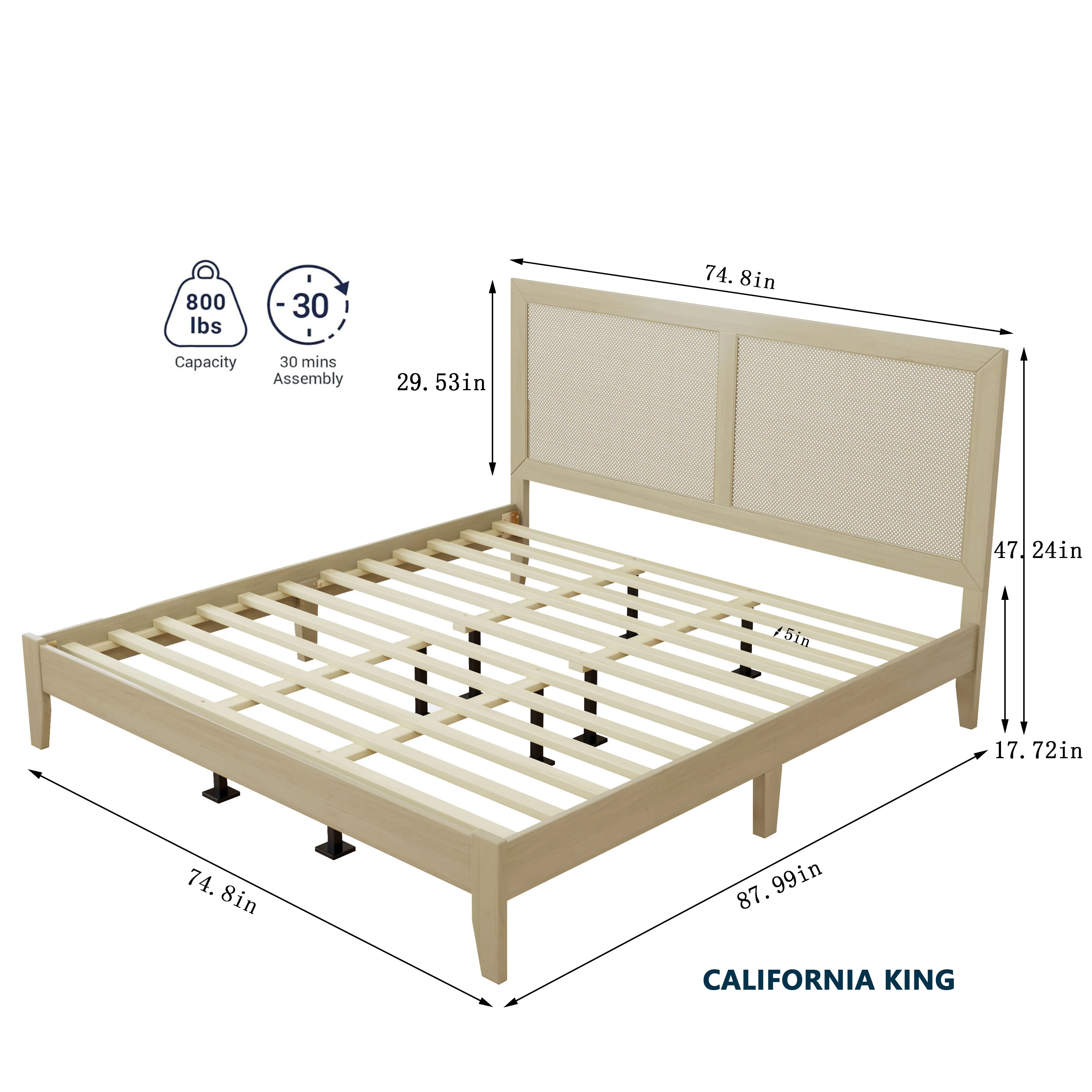 Linenwood Eudoca Rubber Wood Platform Bed with Rattan Woven Headboard, Natural - furnishings