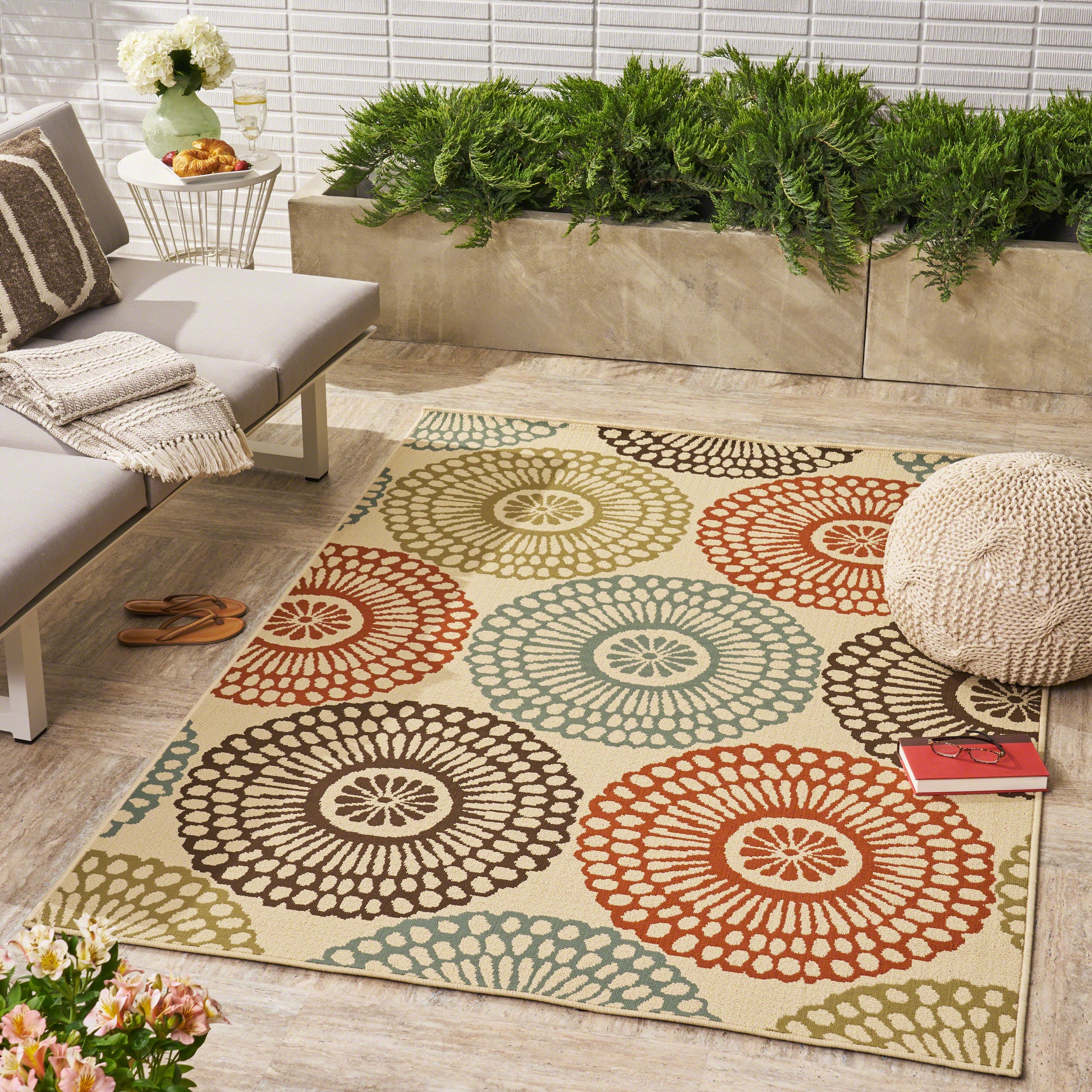 Pine Indoor/Outdoor Floral Area Rug, Beige and Multicolored - furnishings