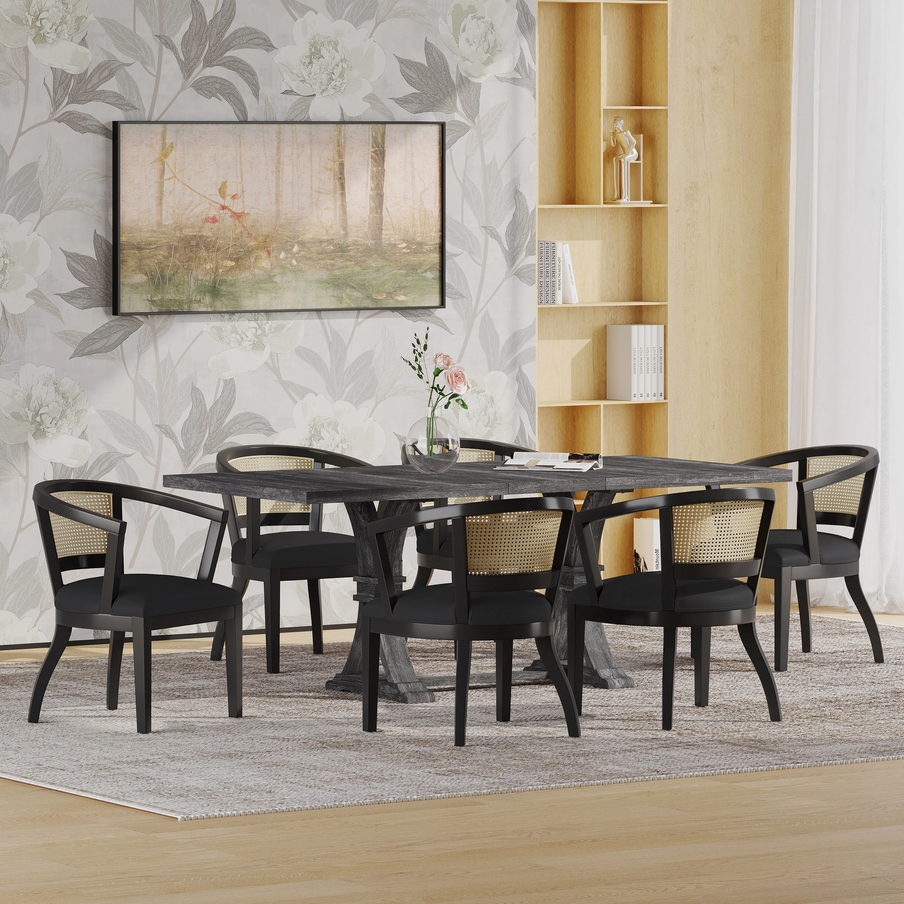 Aubrietta Traditional Upholstered Wood and Cane 7 Piece Dining Set - furnishings