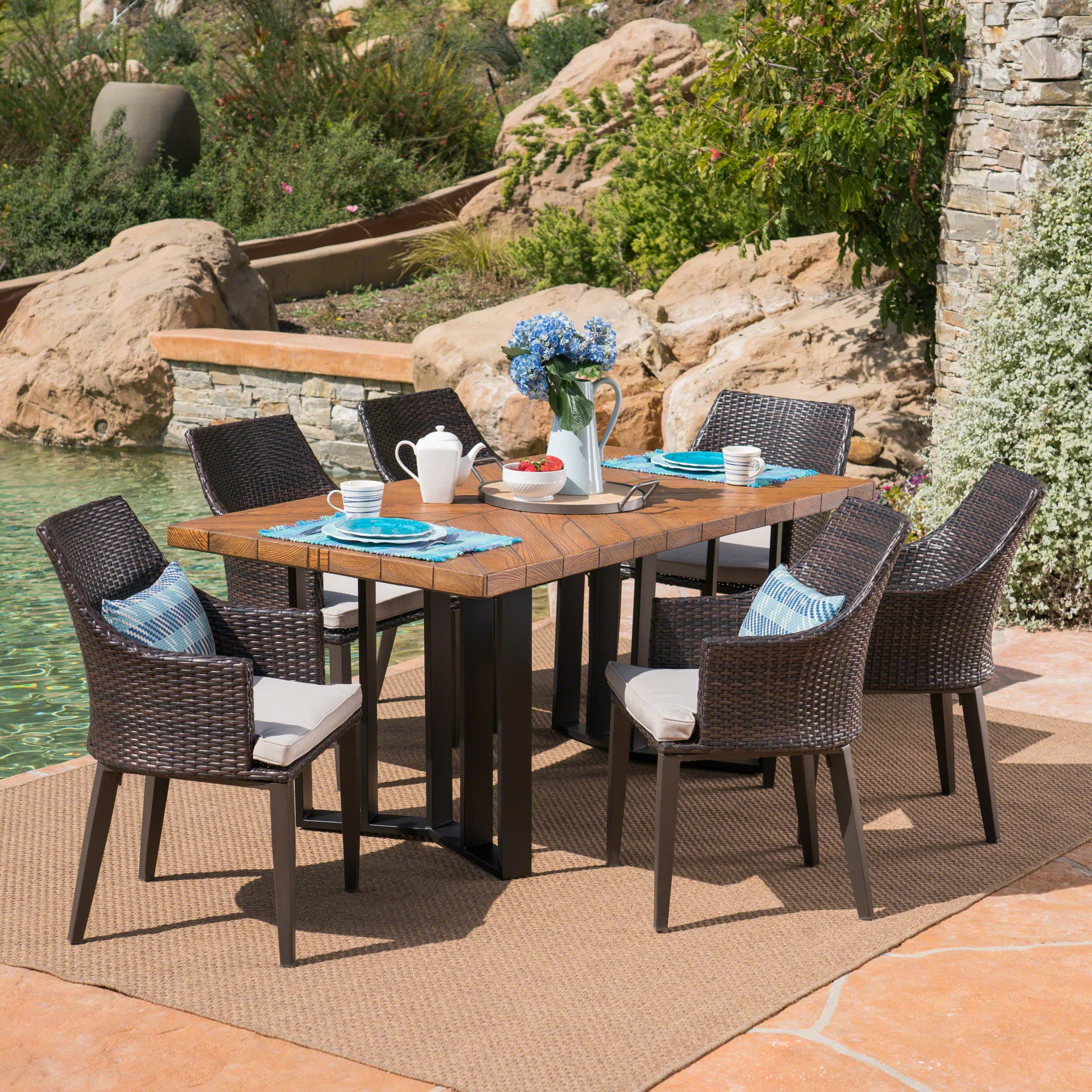 Valby Outdoor 7 Piece Wicker Dining Set with Concrete Dining Table - furnishings