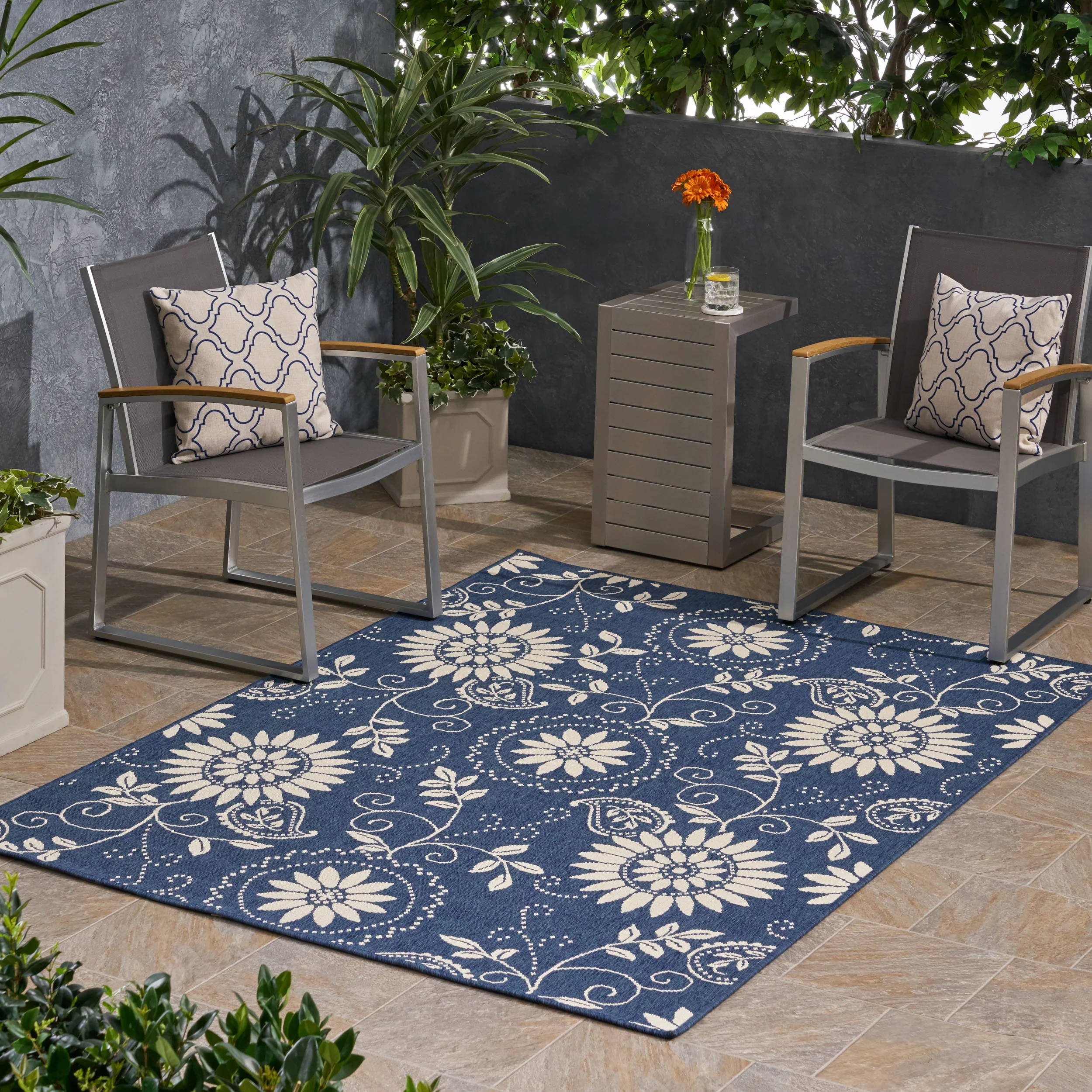 Bubles Outdoor Botanical Area Rug, Blue and Ivory - furnishings