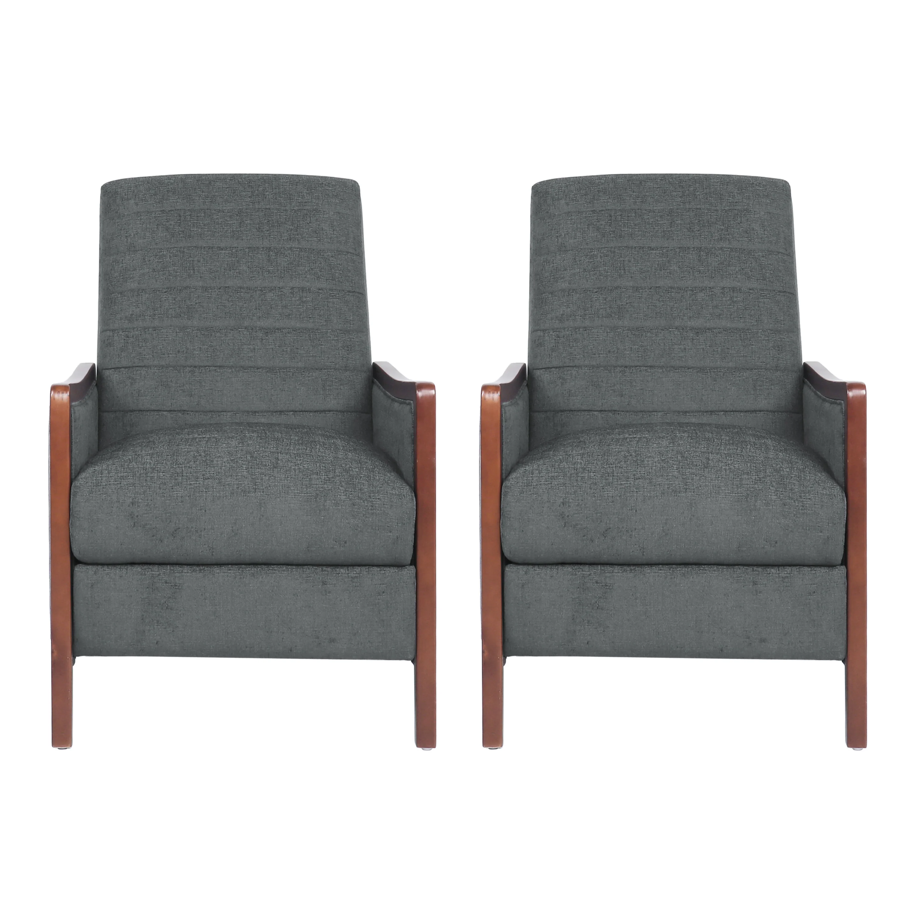 Mendota Mid Century Modern Fabric Channel Stitch Wood Pushback Recliners, Set of 2 - furnishings