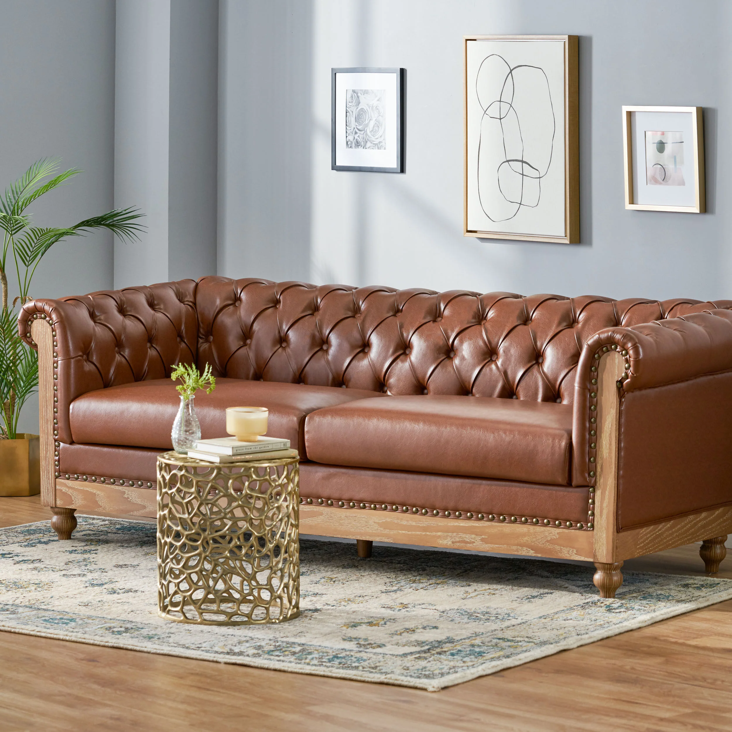 Kinzie Chesterfield Tufted 3 Seater Sofa with Nailhead Trim - furnishings