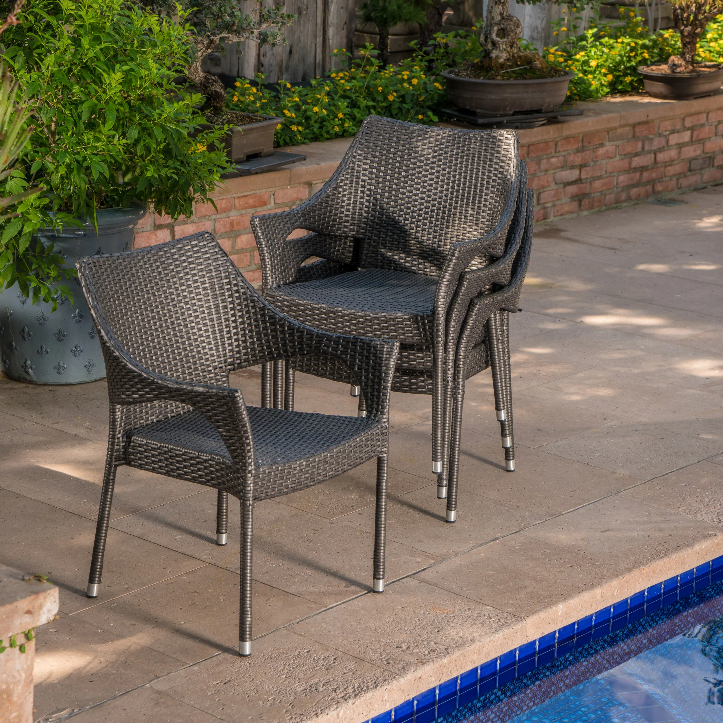 Durango Outdoor 7 Piece Gray Wicker Rectangular Dining Set with Stacking Chairs - furnishings