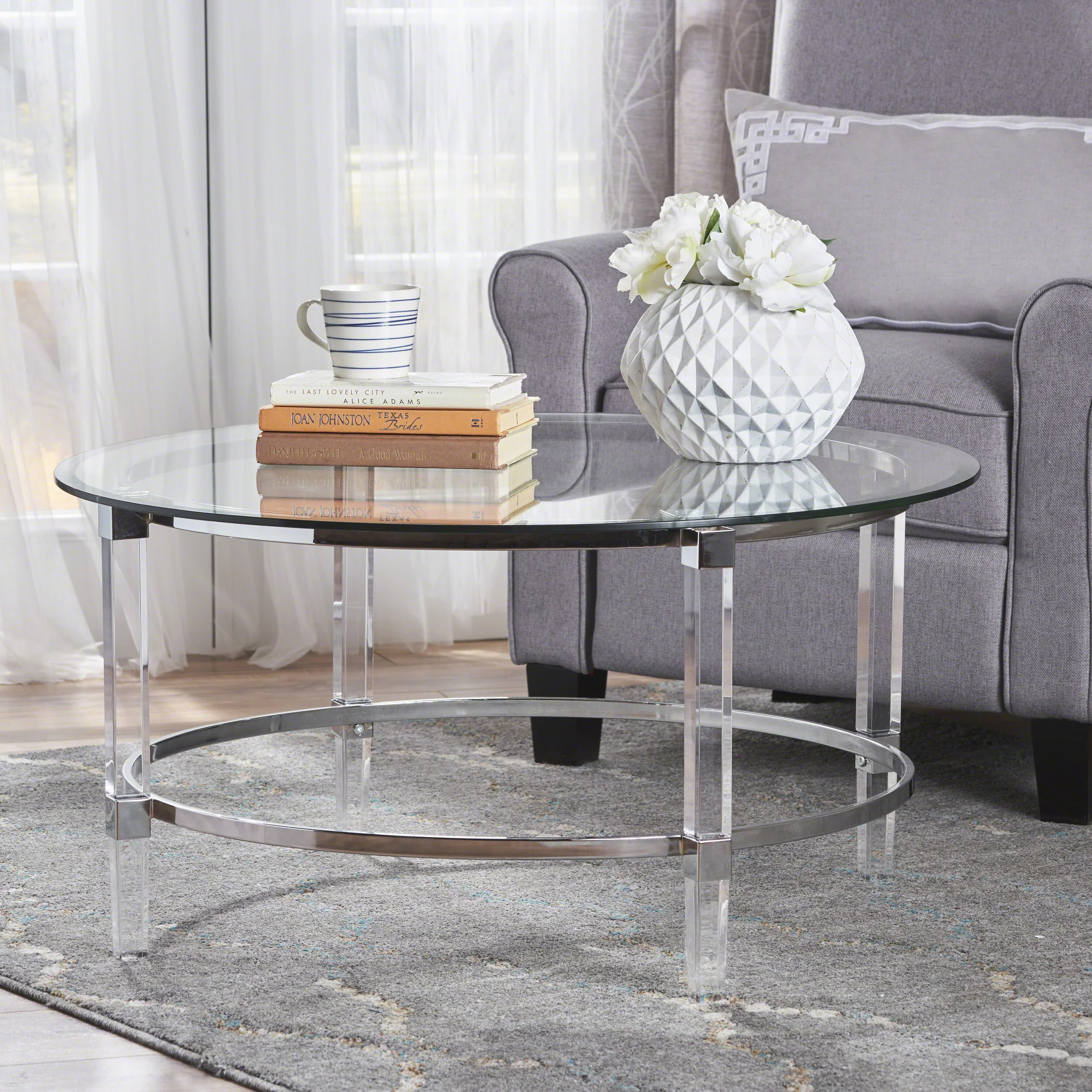 Lynn Modern Round Tempered Glass Coffee Table with Acrylic and Iron Accents - furnishings