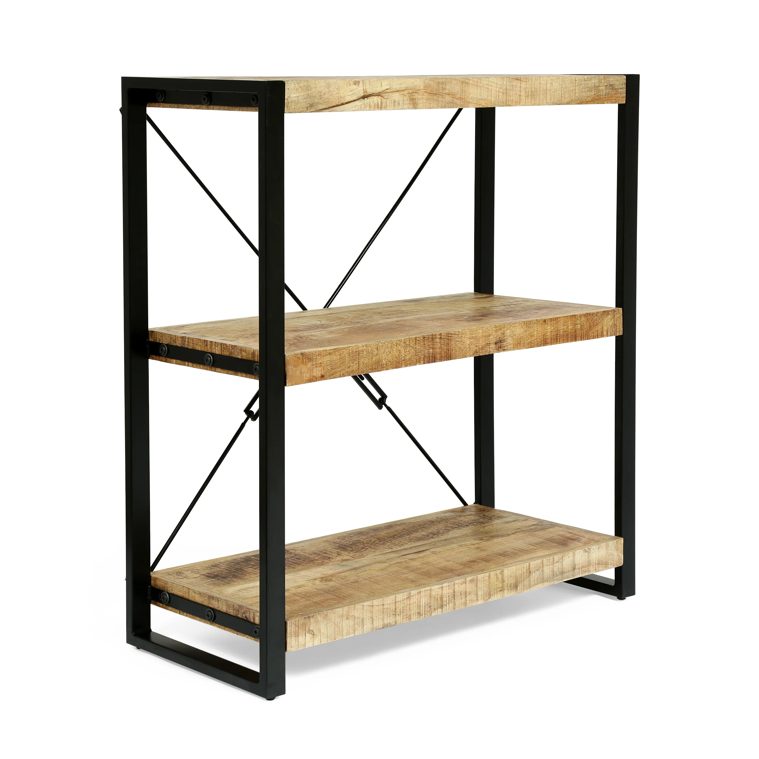 Warthen Brinkley Modern Industrial Handcrafted 3 Shelf Mango Wood Shelving Unit, Natural and Black - furnishings