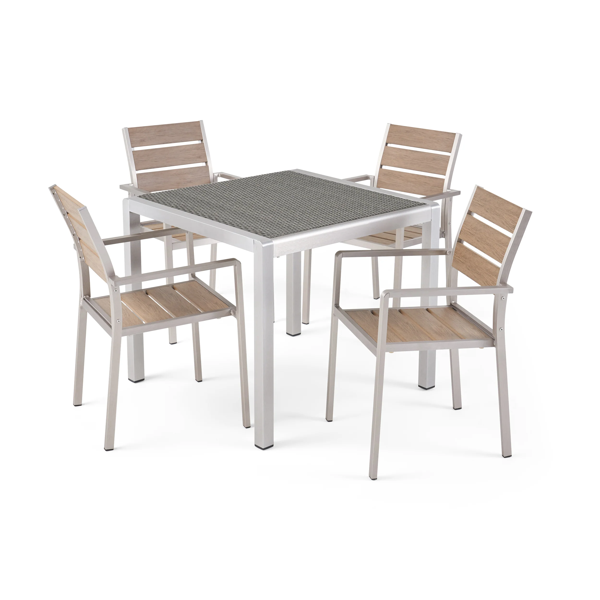 Cherie Outdoor Modern Aluminum 4 Seater Dining Set with Faux Wood Seats and Wicker Table Top - furnishings