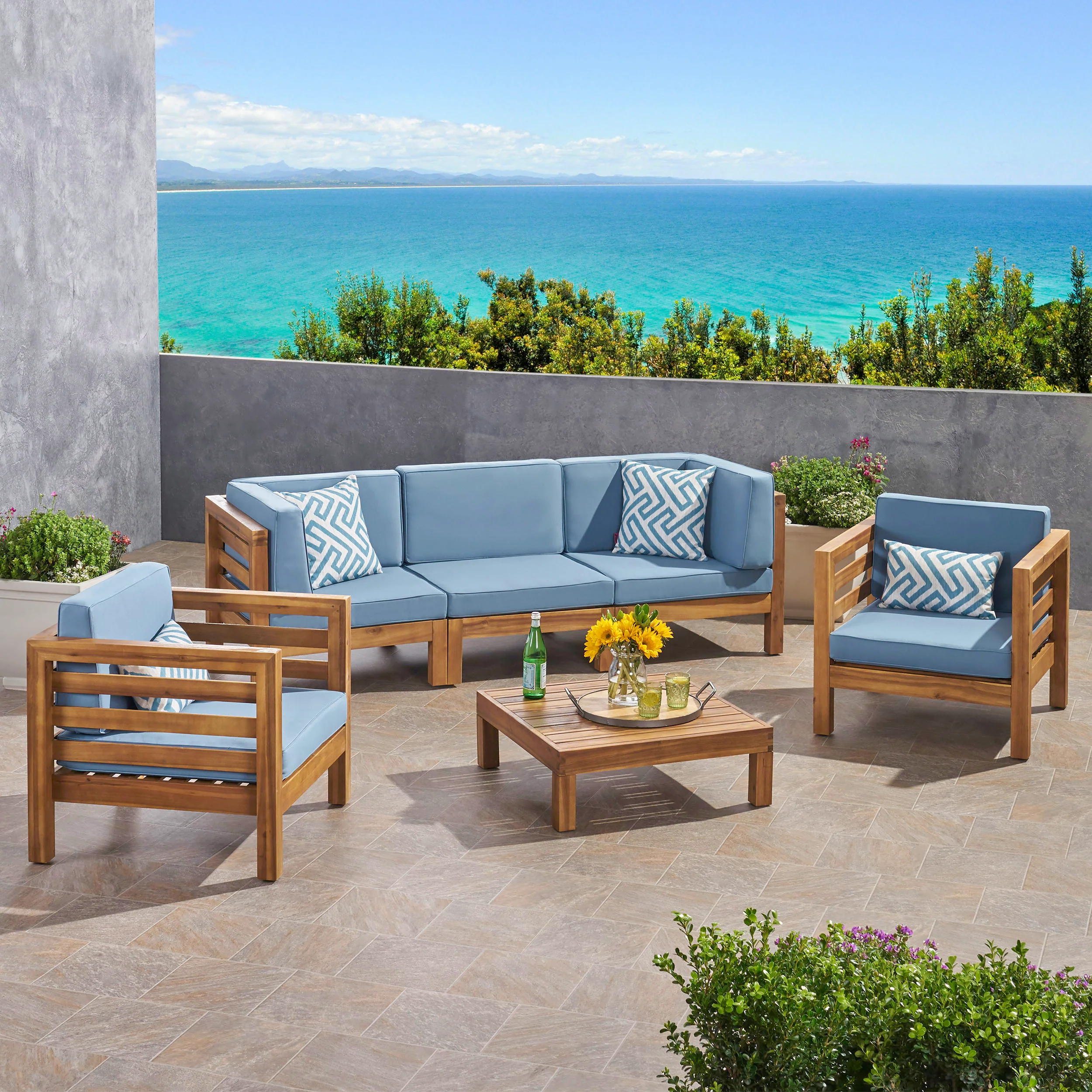 Emma Outdoor 5 Seater Acacia Wood Sofa Chat Set - furnishings