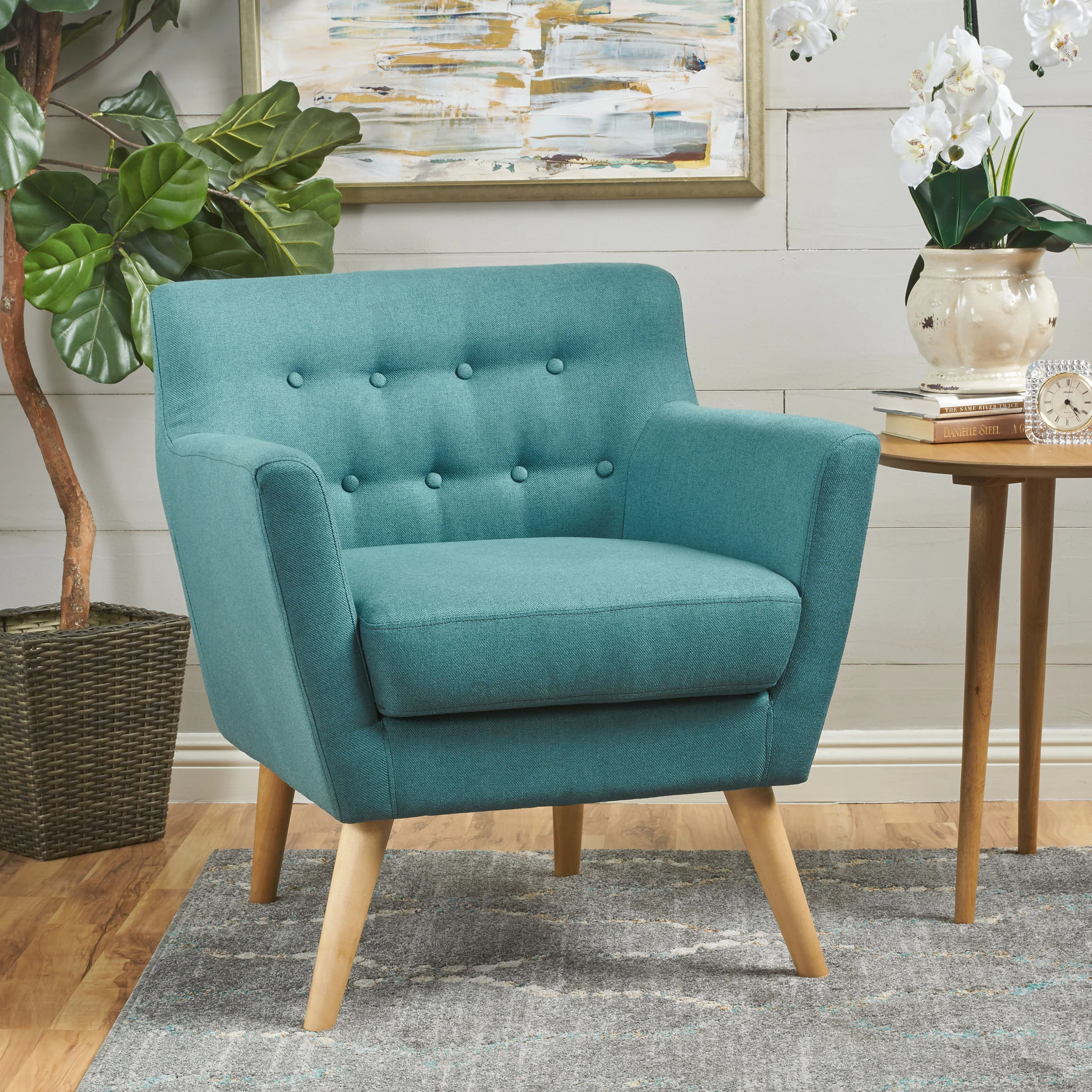 Madeira Buttoned Mid Century Modern Dark Teal Fabric Club Chair - furnishings